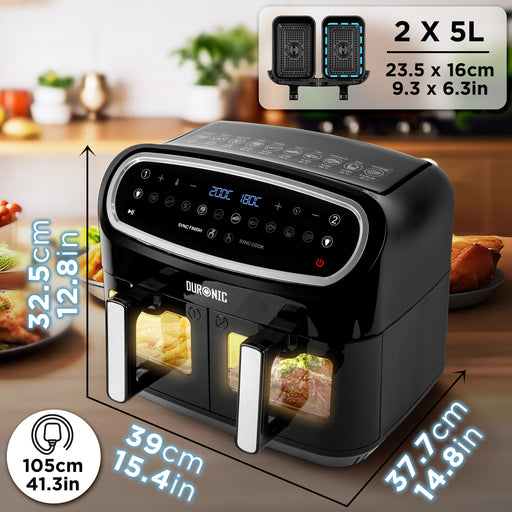 Duronic AF24 Friteuse à air de 2400 W | Deux tiroirs de cuisson de 5 litres chacun | Fonctions Sync Cook et Sync Finish | 10 modes de cuisson préréglés | Sans huile | Commande numérique tactile