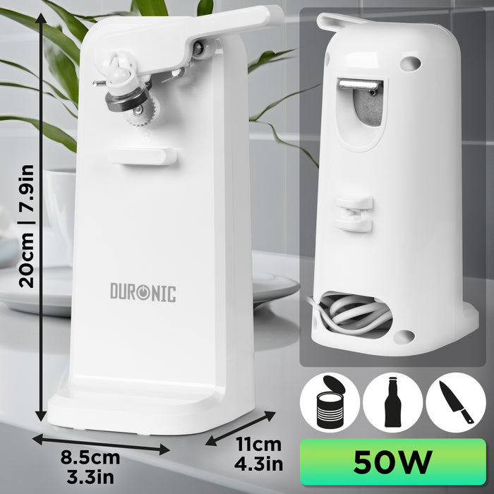 Duronic CO40 WE Ouvre-boîte électrique 50W Ouvre boîtes de conserve automatique Aiguiseur de couteaux Décapsuleur pour bouteille Permet de retirer les capsules des bouteilles et cannettes