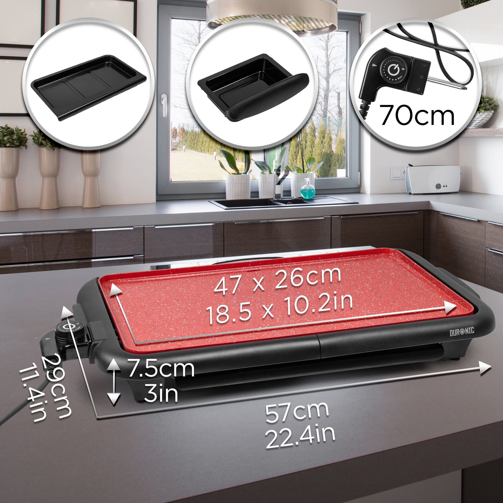 Duronic GP25 Plancha électrique antiadhésive XL 6 à 8 personnes 2000W Surface 47 x 26 cm avec thermostat Bac à jus amovible Cuisson sans ajout de matière grasse Idéal pour soirée avec des amis
