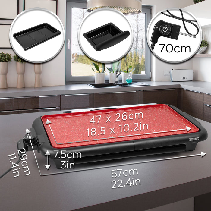 Duronic GP25 Plancha électrique antiadhésive XL 6 à 8 personnes 2000W Surface 47 x 26 cm avec thermostat Bac à jus amovible Cuisson sans ajout de matière grasse Idéal pour soirée avec des amis