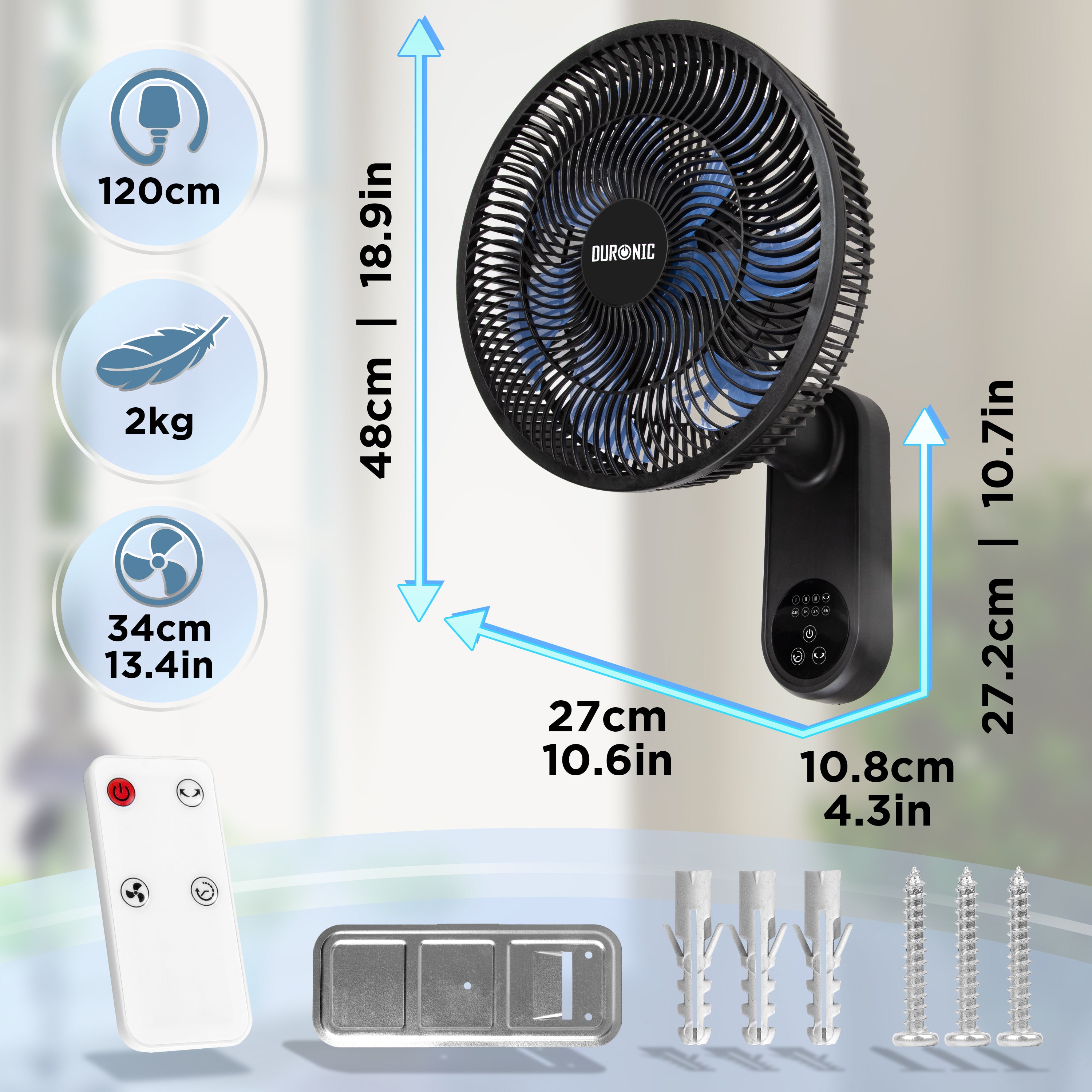 Duronic FN12 BK Ventilateur mural 50W Aérateur de 12 pouces 3 vitesses Minuterie Oscillation à 60° Télécommande incluse avec 5 mètres de portée Volume sonore 50,4 dB Montage facile