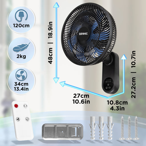 Duronic FN12 BK Ventilateur mural 50W Aérateur de 12 pouces 3 vitesses Minuterie Oscillation à 60° Télécommande incluse avec 5 mètres de portée Volume sonore 50,4 dB Montage facile