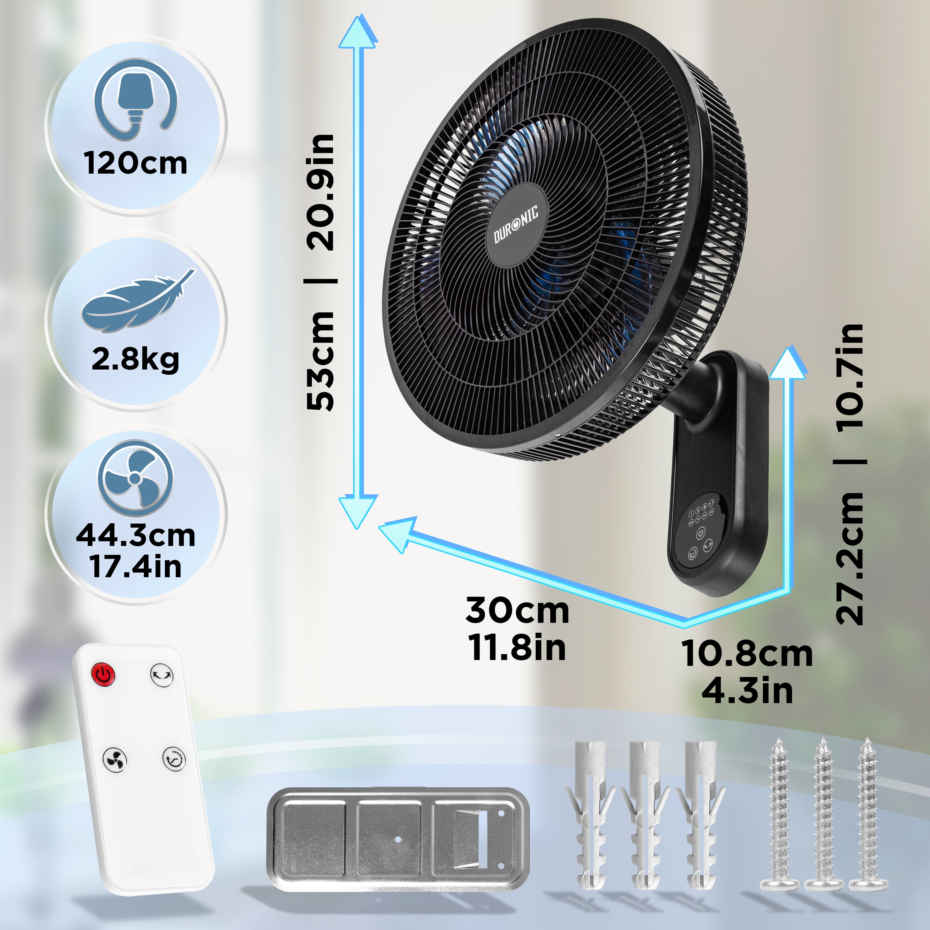 Duronic FN42 BK Ventilateur mural 50W Aérateur de 16 pouces 3 vitesses Minuterie Oscillation à 60° Télécommande incluse avec 5 mètres de portée Volume sonore 52,8 dB Montage facile
