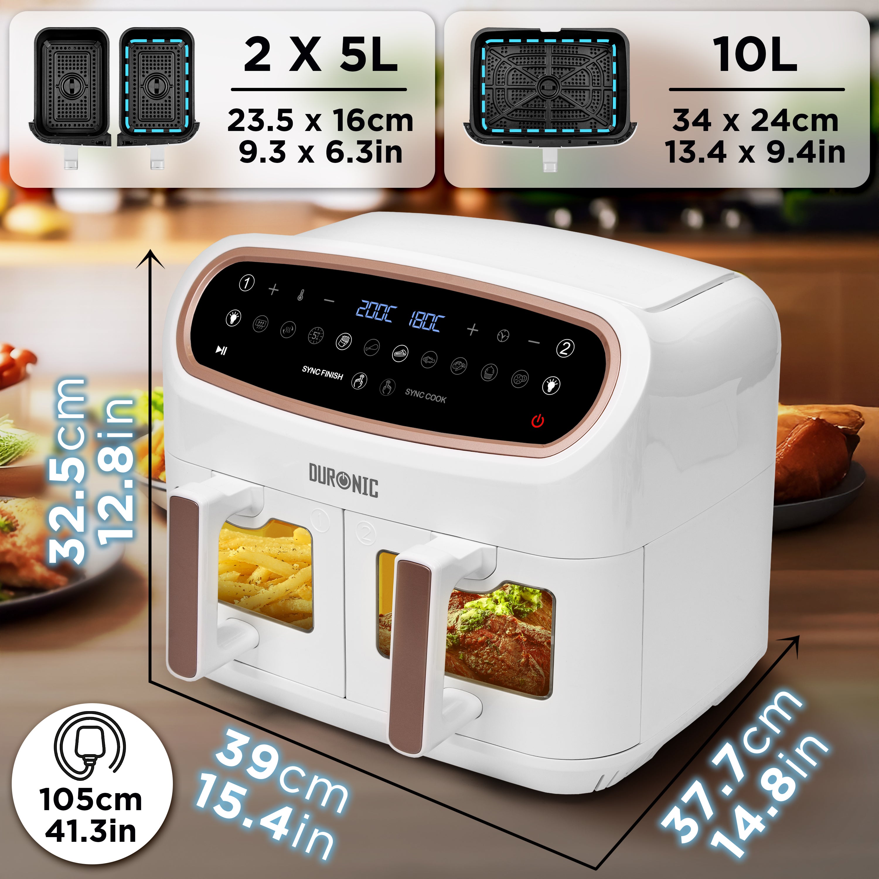 Duronic AF34 WG Set Friteuse à Air avec 1 grand tiroir de 10L et 2 petits tiroirs de 5L inclus | 10 Programmes de Cuisson Préréglés | Sans huile | Fonctions Sync Cook Sync Finish