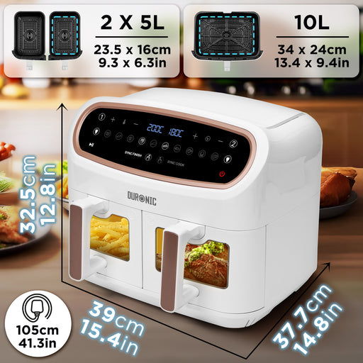 Duronic AF34 WG Set Friteuse à Air avec 1 grand tiroir de 10L et 2 petits tiroirs de 5L inclus | 10 Programmes de Cuisson Préréglés | Sans huile | Fonctions Sync Cook Sync Finish