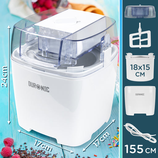 Duronic IM540 Machine à glace et sorbetière électrique Cuve amovible en inox de 1,5 litres Turbine idéale pour créer des glaces sorbets yaourts glacés crèmes glacée et desserts faits maison