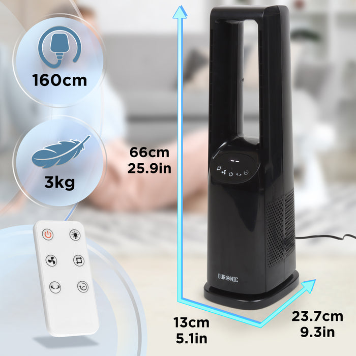 Duronic FN72 BK Ventilateur colonne 60W Aérateur avec 3 vitesses Minuterie 1 à 12 heures Oscillation à 70° Mode nuit Télécommande incluse avec 5 mètres de portée
