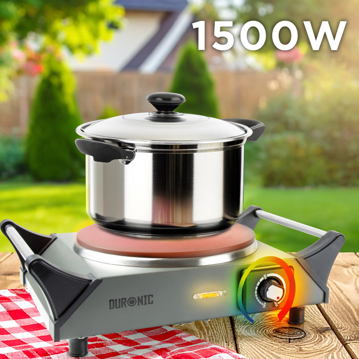 Duronic HP1 GG Plaque de cuisson électrique 1500W avec 1 foyer 20 cm Foyer en fonte Réchaud avec thermostat réglable Poignées ergonomiques Pieds antidérapants Idéal pour camping