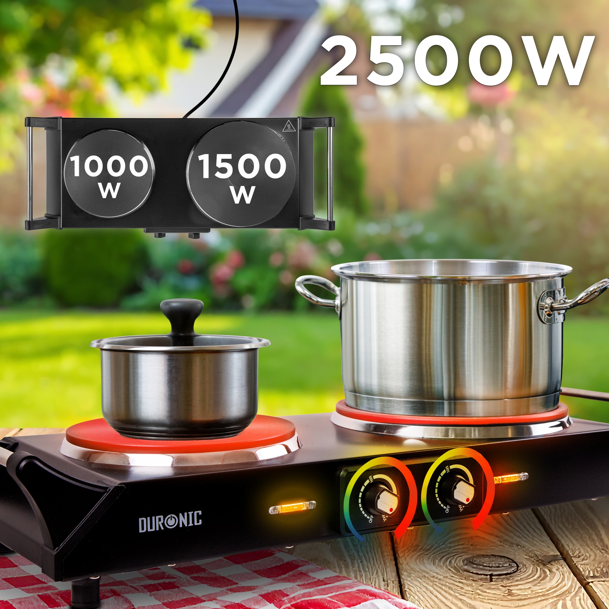 Duronic HP2 BK Plaque de cuisson chauffante électrique avec double foyer en fonte de 20 et 15 cm| 2500W | Compacte et mobile | Poignées ergonomiques | Thermostat | Camping, Camping-car, caravane