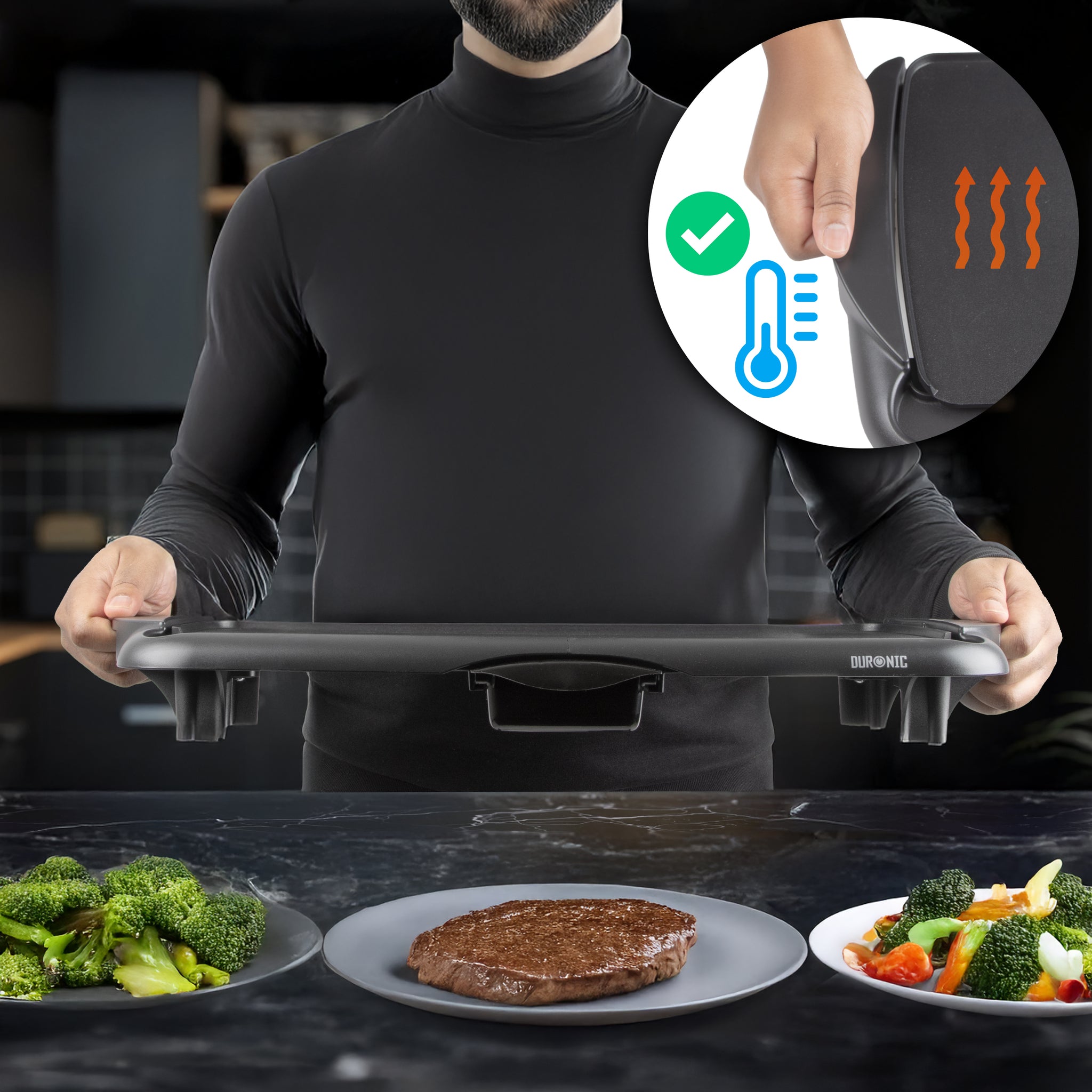 Duronic GP20 Plancha électrique antiadhésive XL 6 à 8 personnes 2000W 52 x 27 cm avec thermostat et bac à jus amovible Cuisson sans ajout de matière grasse idéal pour soirée en famille et amis