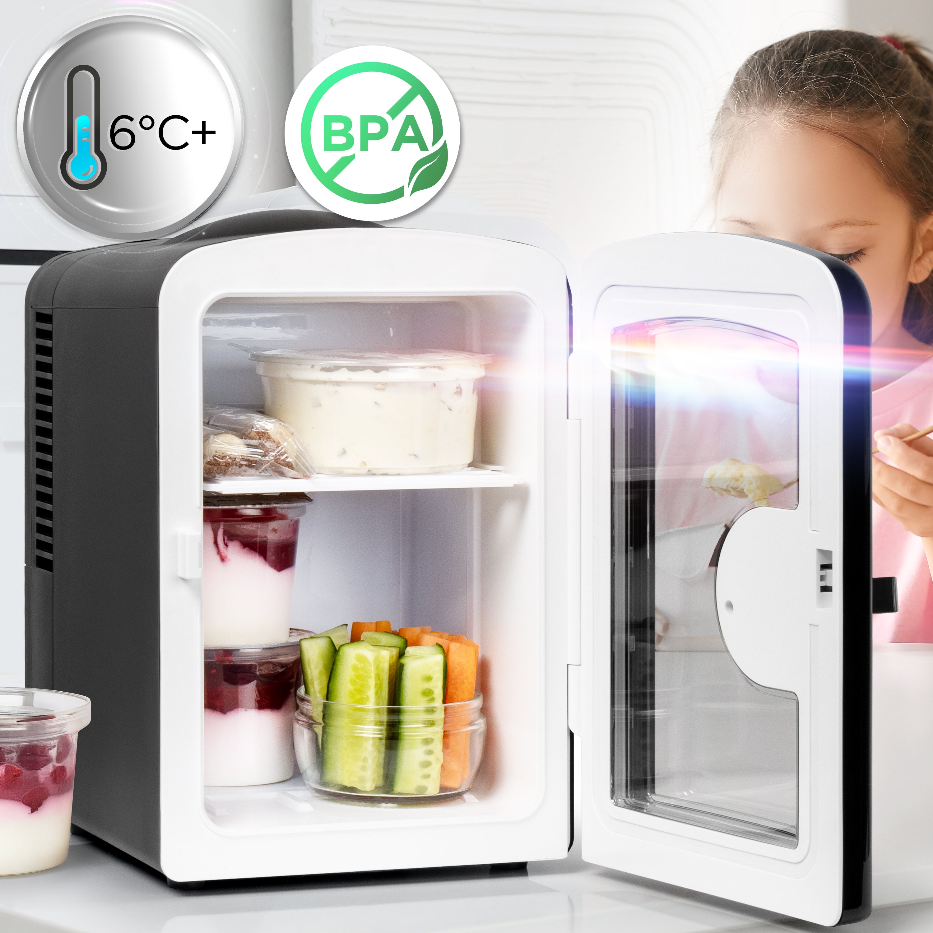 Duronic MFW4 BK Mini réfrigérateur 42W 4 litres Jusqu’à 6 cannettes Congélateur pour snacks boisson lait maternel cosmétique médicament Maintien au chaud Bureau chambre voiture camping bateau