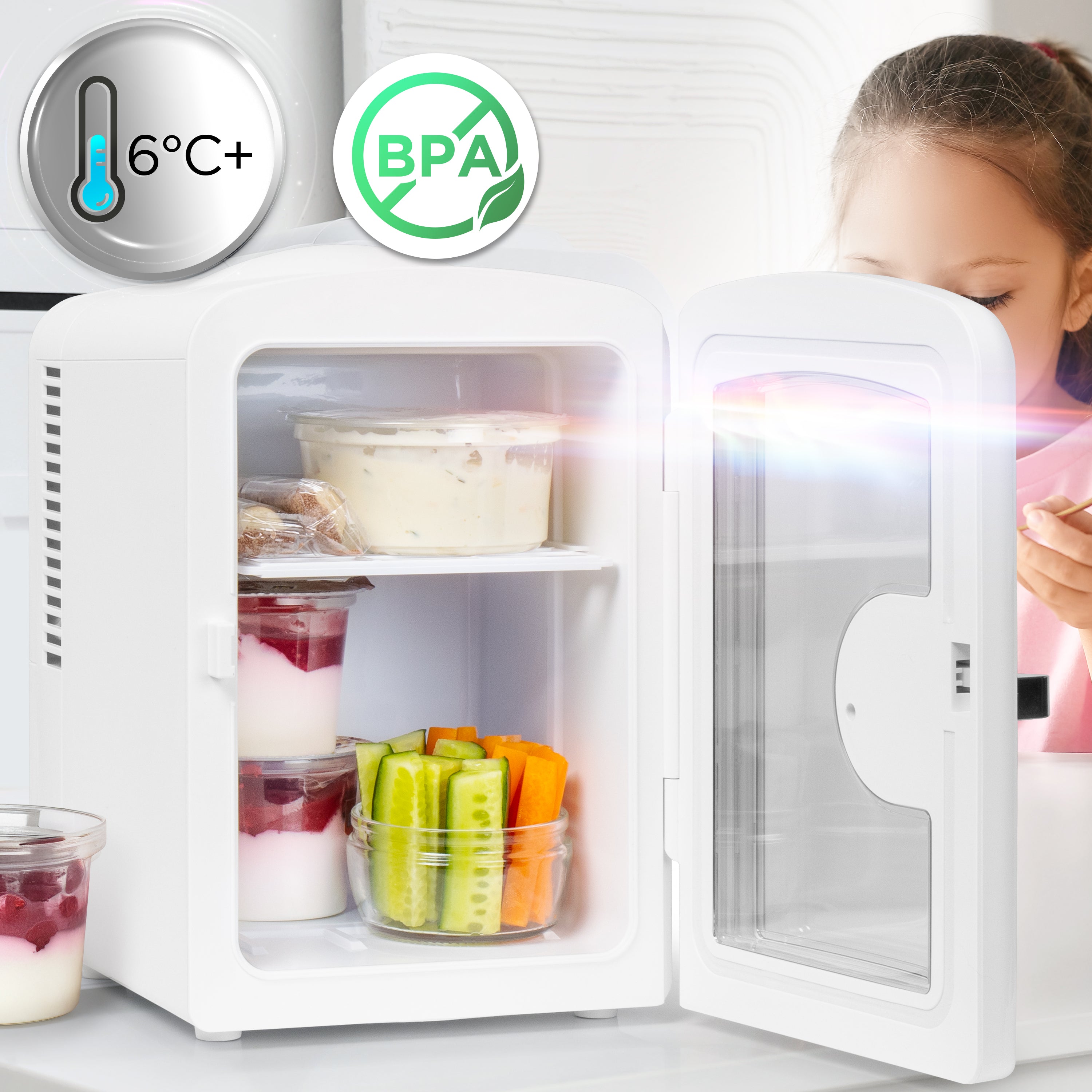 Duronic MFW4 WE Mini réfrigérateur 42W 4 litres Jusqu’à 6 cannettes Congélateur pour snacks boisson lait maternel cosmétique médicament Maintien au chaud Bureau chambre voiture camping bateau