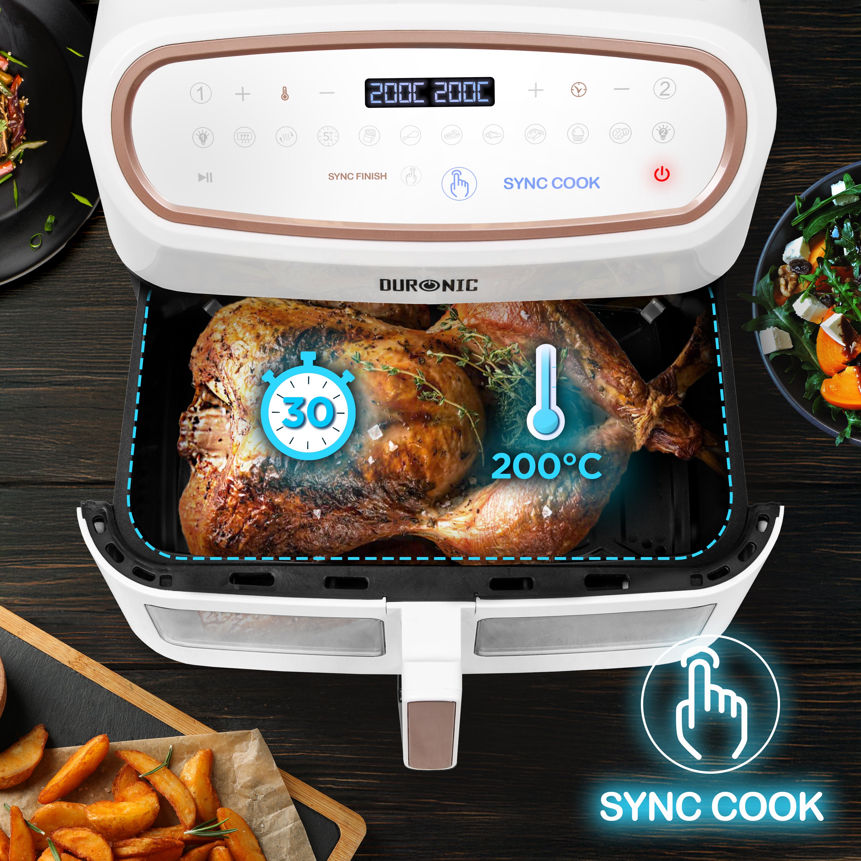 Duronic AF34 WE Set Friteuse à Air avec 1 grand tiroir de 10L et 2 petits tiroirs de 5L inclus 10 Programmes de Cuisson Préréglés Sans huile Fonctions Sync Cook Sync Finish
