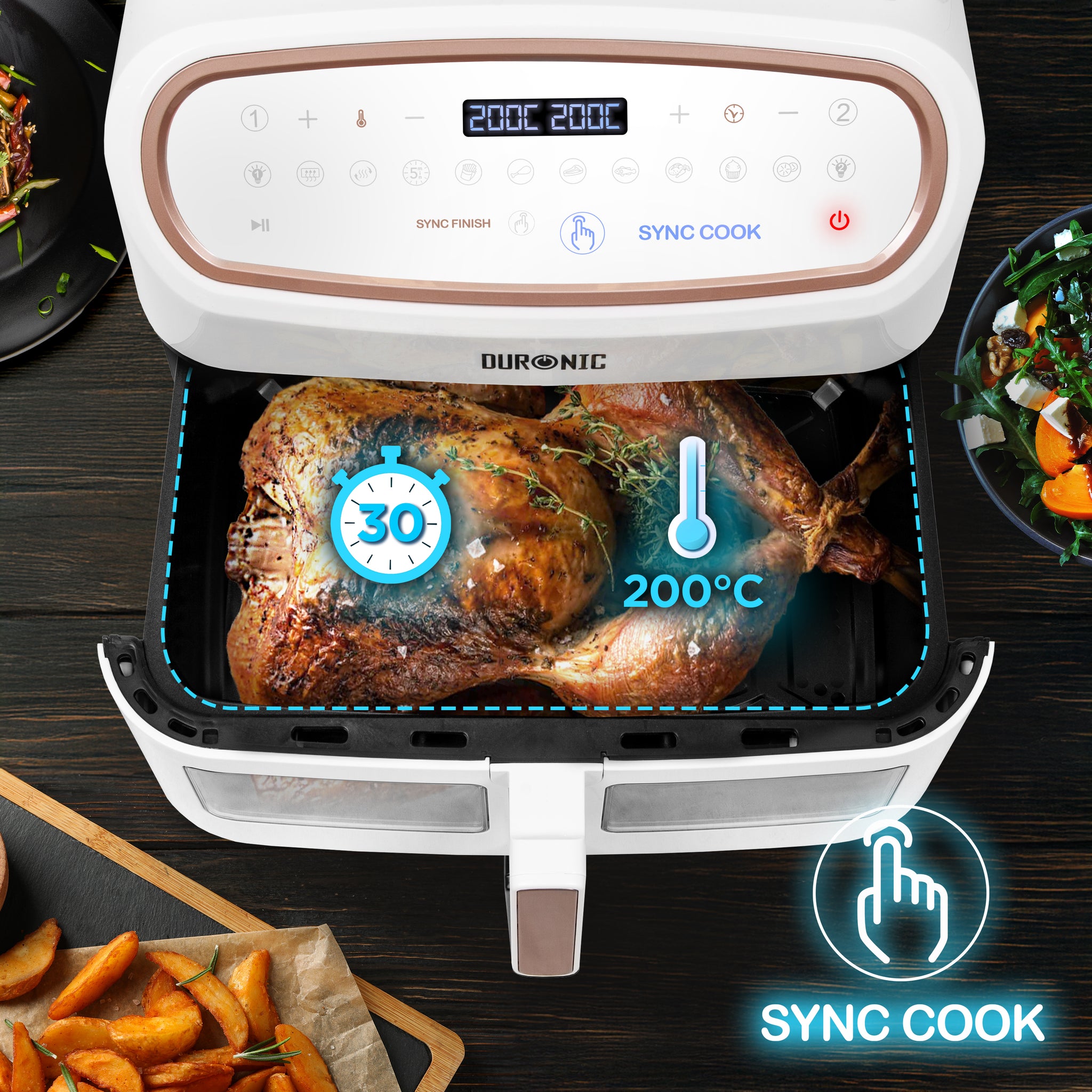 Duronic AF34 WE Set Friteuse à Air avec 1 grand tiroir de 10L et 2 petits tiroirs de 5L inclus 10 Programmes de Cuisson Préréglés Sans huile Fonctions Sync Cook Sync Finish