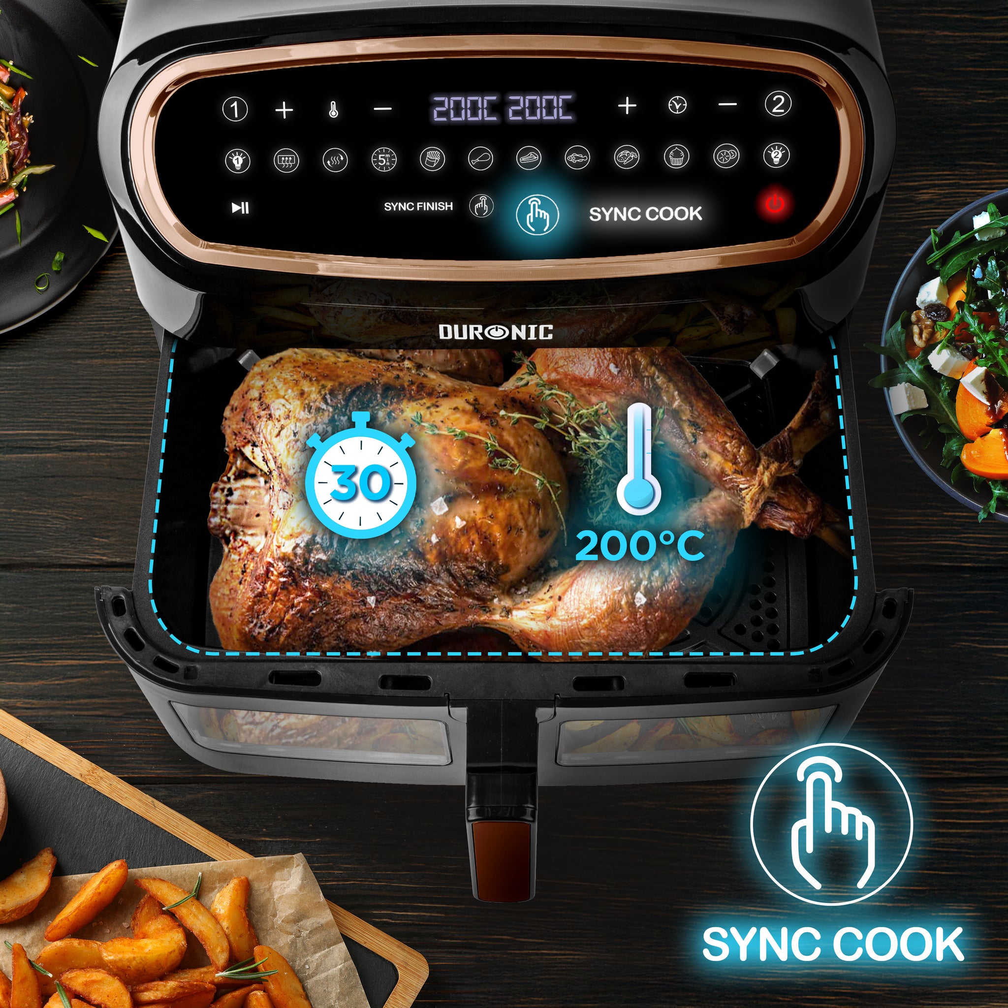 Duronic AF34 BG Set Friteuse à Air avec 1 grand tiroir de 10L et 2 petits tiroirs de 5L inclus | 10 Programmes de Cuisson Préréglés | Sans huile | Fonctions Sync Cook Sync Finish