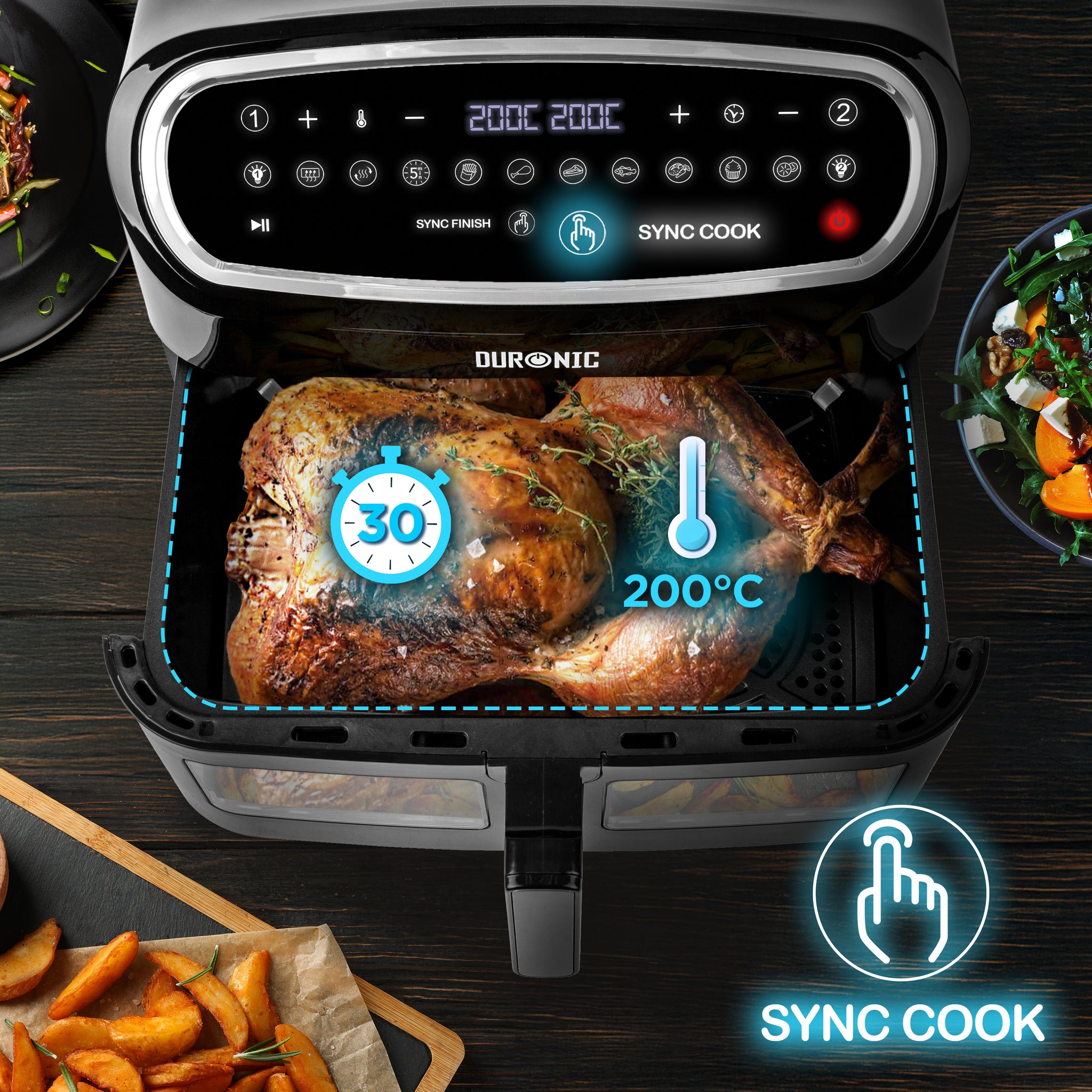 Duronic AF34 BK Set Friteuse à Air avec 1 grand tiroir de 10L et 2 petits tiroirs de 5L inclus | 10 Programmes de Cuisson Préréglés | Sans huile | Fonctions Sync Cook Sync Finish