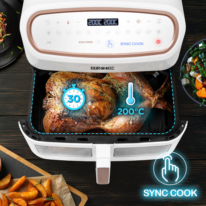 Duronic AF34 WE Set Friteuse à Air avec 1 grand tiroir de 10L et 2 petits tiroirs de 5L inclus 10 Programmes de Cuisson Préréglés Sans huile Fonctions Sync Cook Sync Finish