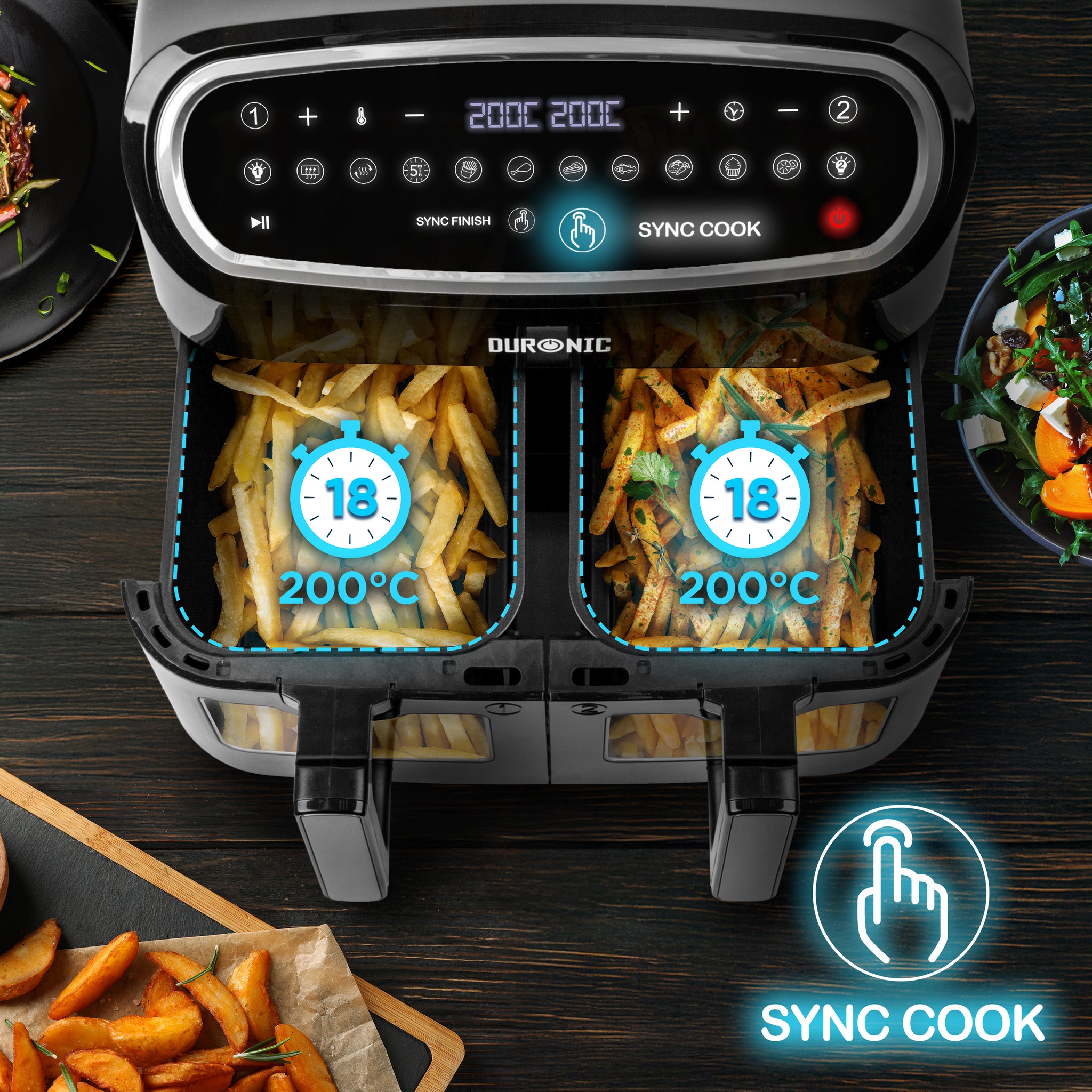 Duronic AF24 Friteuse à air de 2400 W | Deux tiroirs de cuisson de 5 litres chacun | Fonctions Sync Cook et Sync Finish | 10 modes de cuisson préréglés | Sans huile | Commande numérique tactile