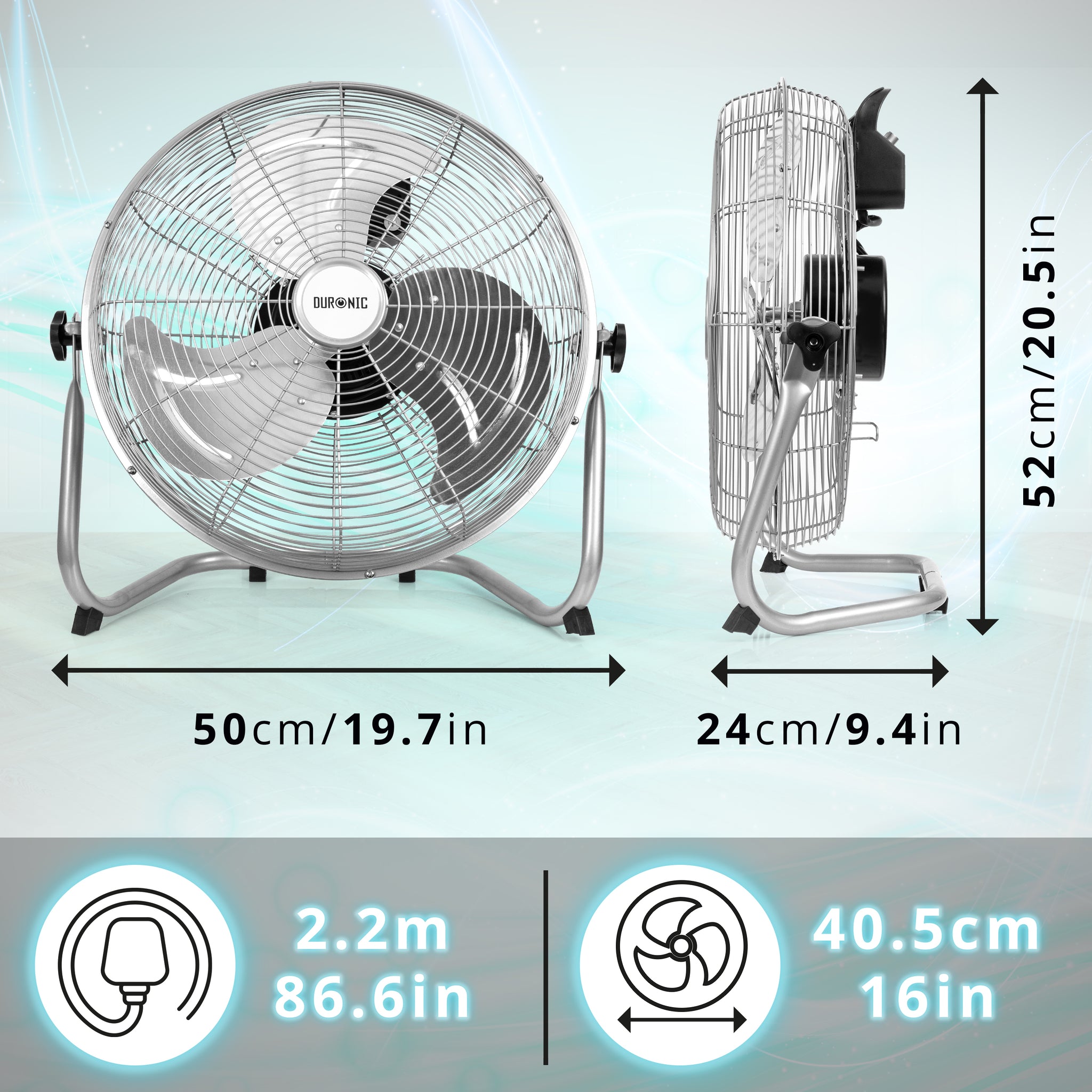 Duronic FN16 Ventilateur de Sol de 16 Pouces de 75W  en Métal chromé| 4 Vitesses | Ventilateur à grande Puissance | Idéal pour la Maison la Salle de Sport le Bureau les Entrepôts