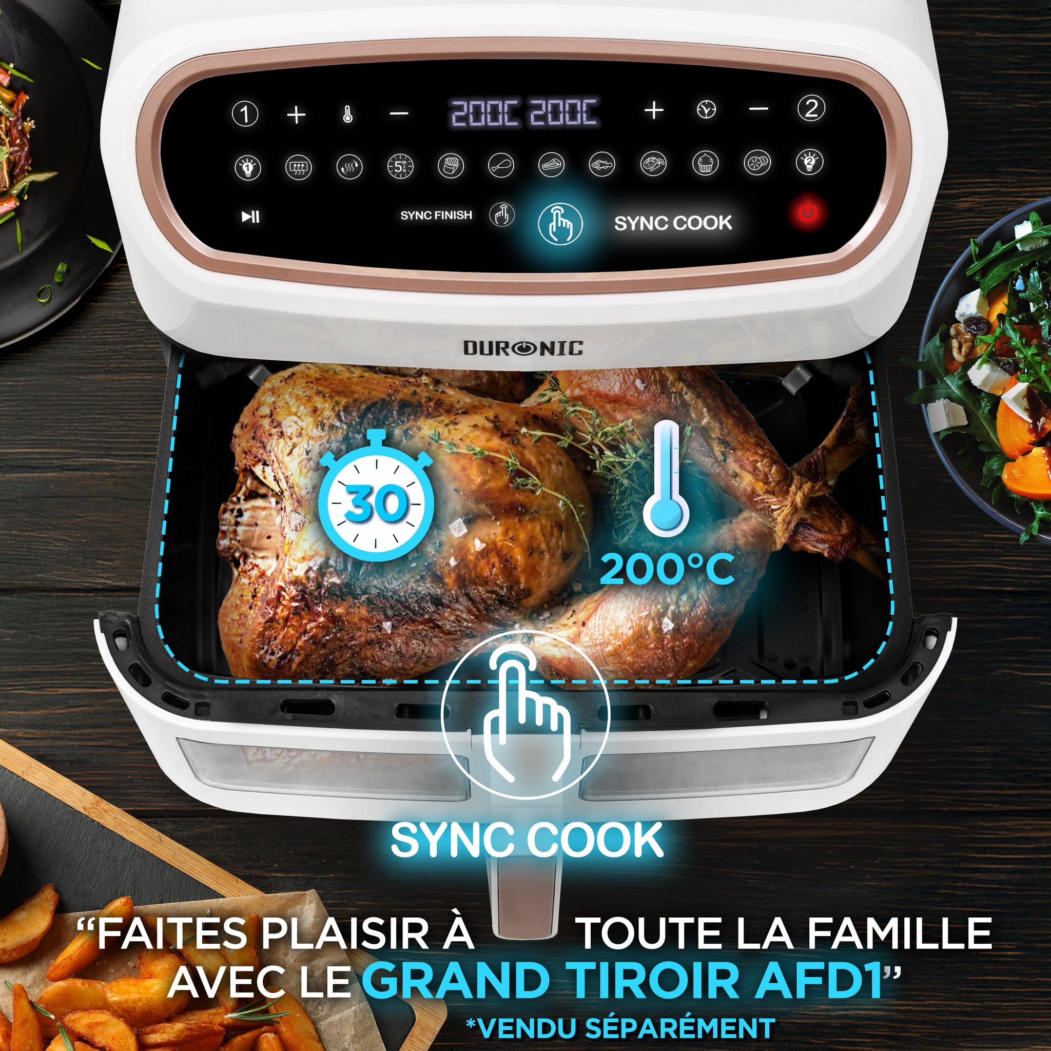 Duronic AF34 WG Set Friteuse à Air avec 1 grand tiroir de 10L et 2 petits tiroirs de 5L inclus | 10 Programmes de Cuisson Préréglés | Sans huile | Fonctions Sync Cook Sync Finish