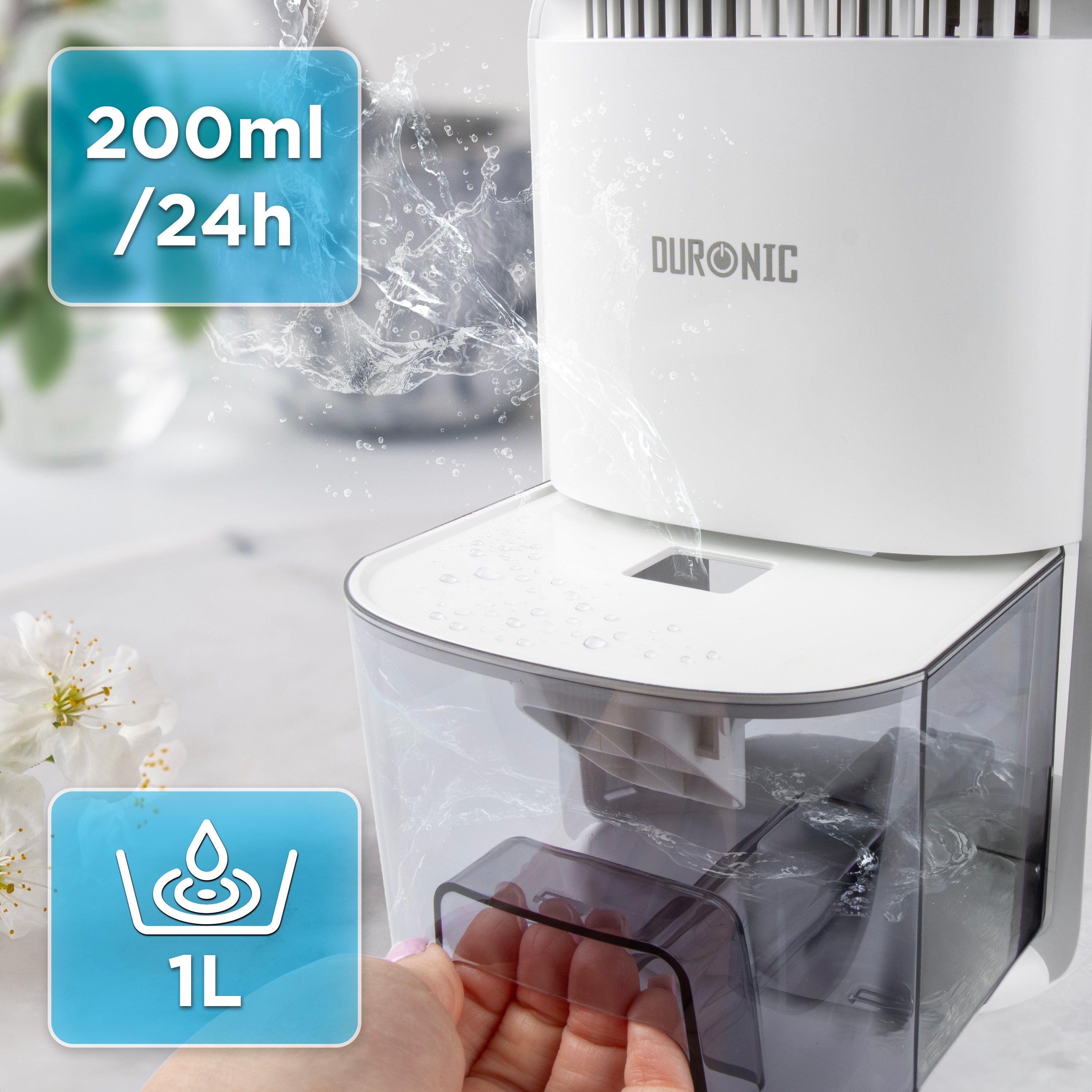 Duronic DH07 WE Déshumidificateur 22,5W Jusqu'à 200 ml d'eau par jour Réservoir d'1 litre Compact et silencieux Idéal pour petits espaces