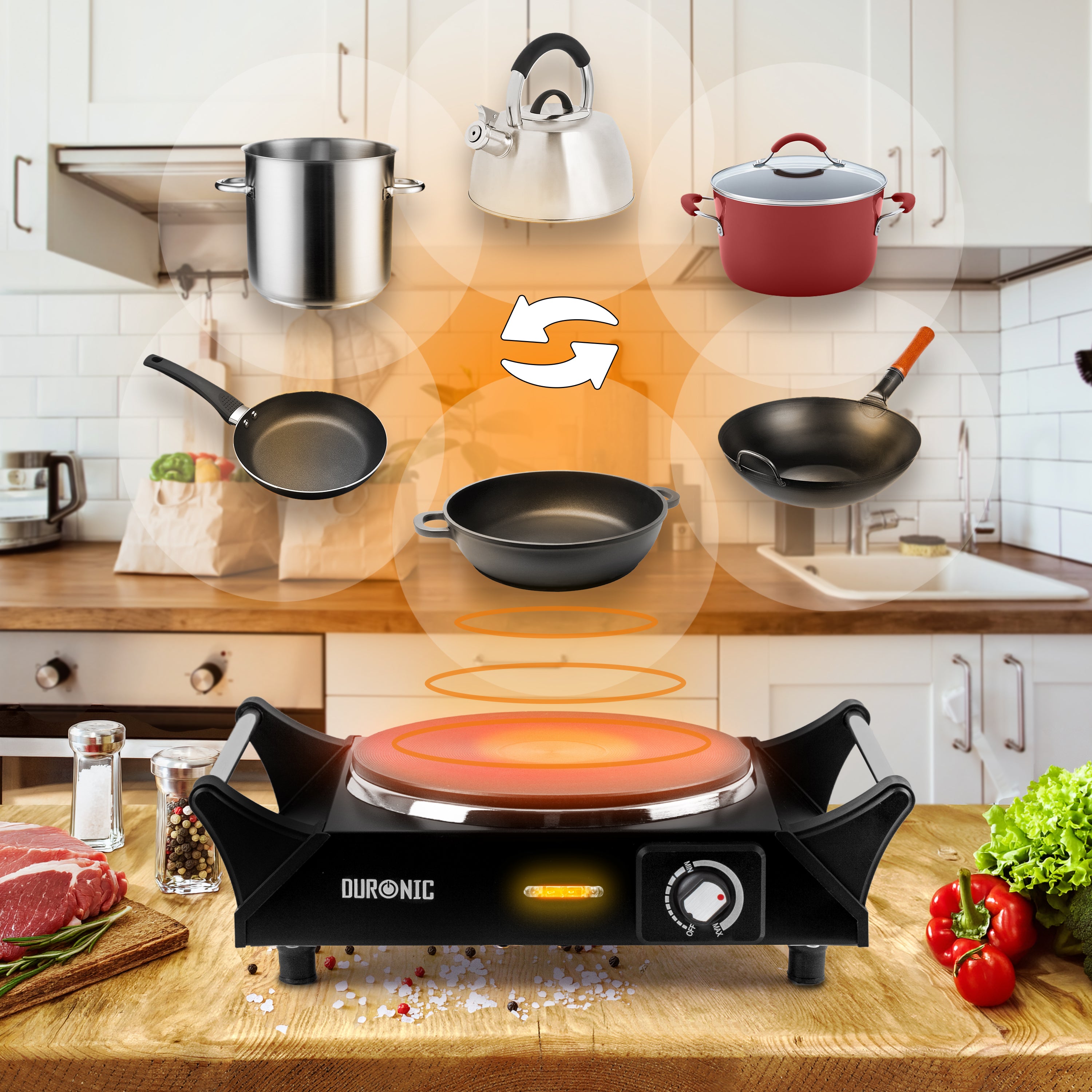 Duronic HP1 BK Plaque de cuisson chauffante électrique avec foyer en fonte de 20 cm | 1500W | Compacte et mobile | Poignées ergonomiques | Thermostat | Cuisinière pour camping, camping-car, caravane