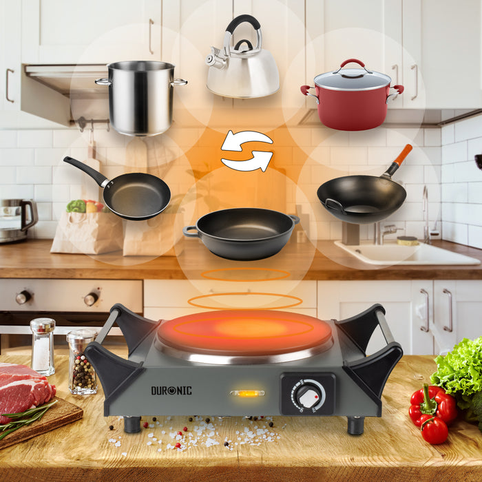 Duronic HP1 GG Plaque de cuisson électrique 1500W avec 1 foyer 20 cm Foyer en fonte Réchaud avec thermostat réglable Poignées ergonomiques Pieds antidérapants Idéal pour camping