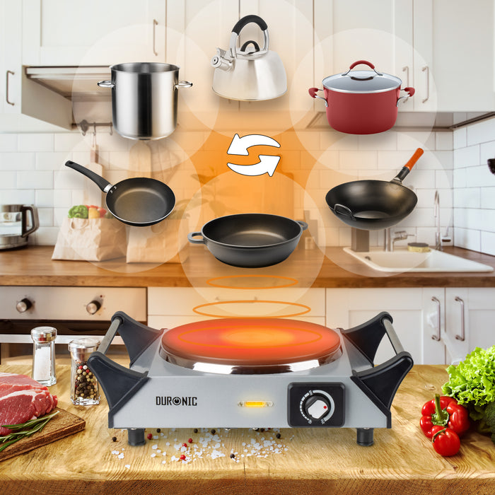 Duronic HP1 SS Plaque de cuisson chauffante électrique avec foyer en fonte de 20 cm | 1500W | Compacte et mobile | Poignées ergonomiques | Thermostat | Cuisinière pour camping, camping-car, caravane
