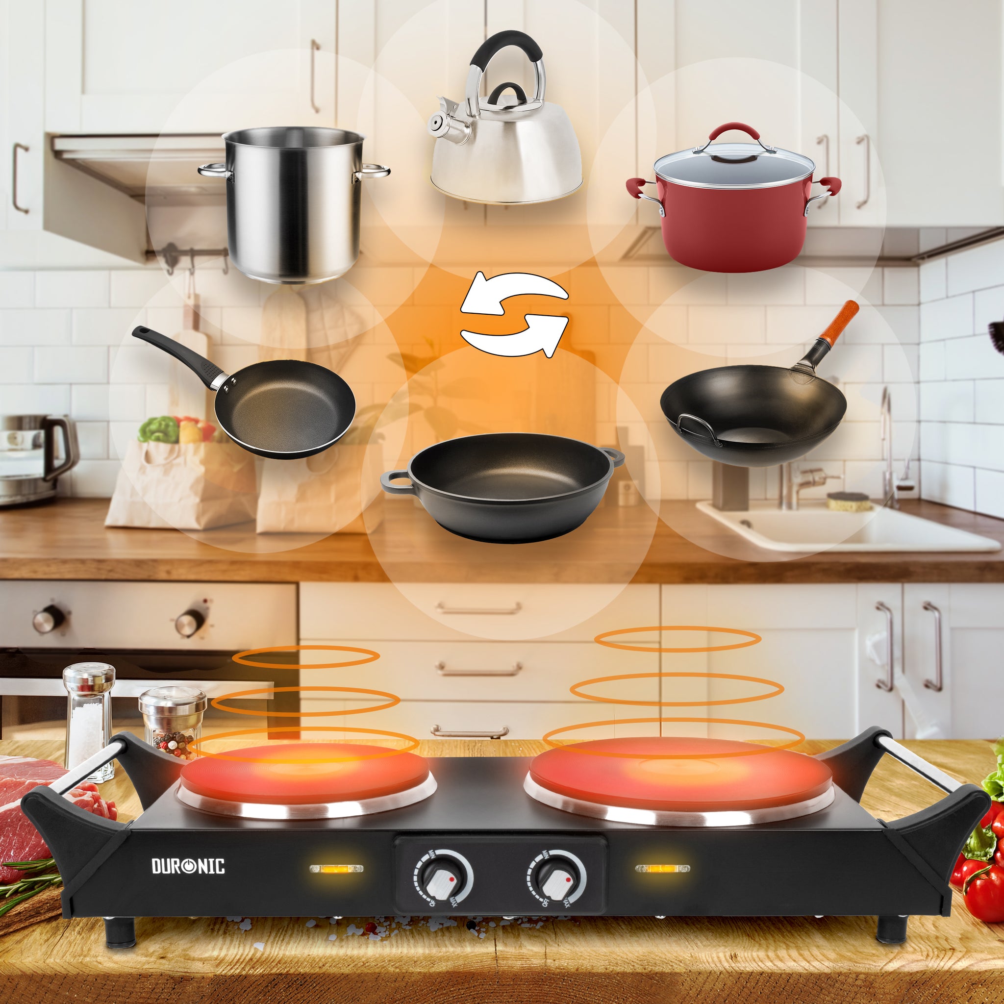 Duronic HP2 BK Plaque de cuisson chauffante électrique avec double foyer en fonte de 20 et 15 cm| 2500W | Compacte et mobile | Poignées ergonomiques | Thermostat | Camping, Camping-car, caravane