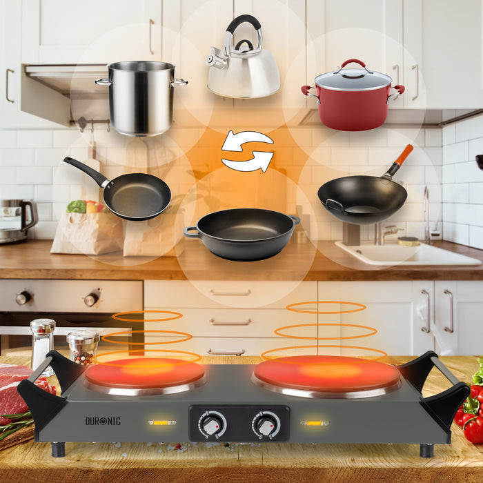 Duronic HP2 GG Plaque de cuisson électrique 2500W avec 2 foyers 20 et 15 cm Foyers en fonte 20 et 15 cm Réchaud avec thermostat réglable Poignées ergonomiques Pieds antidérapants Idéal pour camping