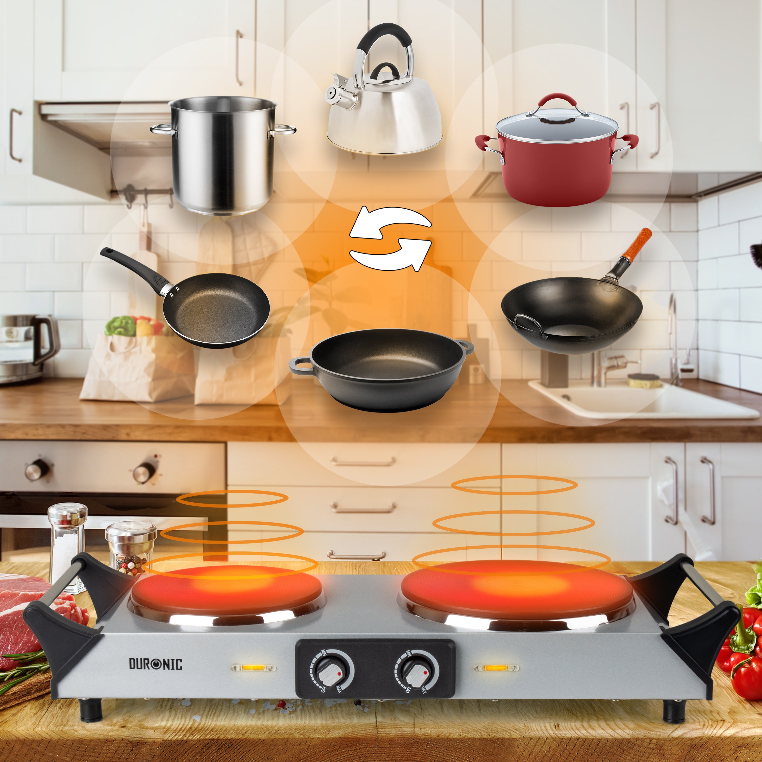 Duronic HP2 SS Plaque de cuisson chauffante électrique avec double foyer en fonte de 20 et 15 cm| 2500W | Compacte et mobile | Poignées ergonomiques | Thermostat | Camping, Camping-car, caravane