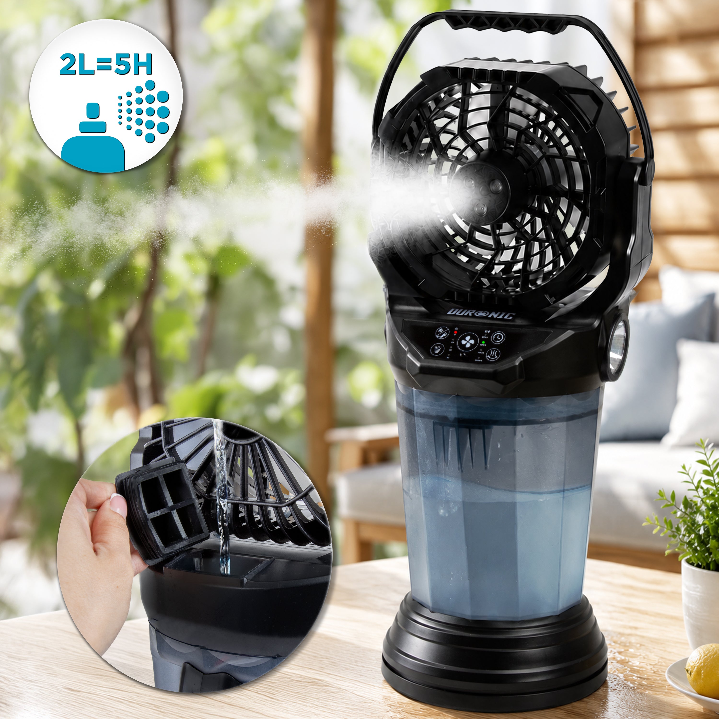 Duronic FM6 BK Ventilateur de brume rechargeable Réservoir d’eau 2 litres 4 vitesse Télécommande incluse Lumières LED Lampe torche d’urgence Ventilateur portable extérieur camping pique-nique