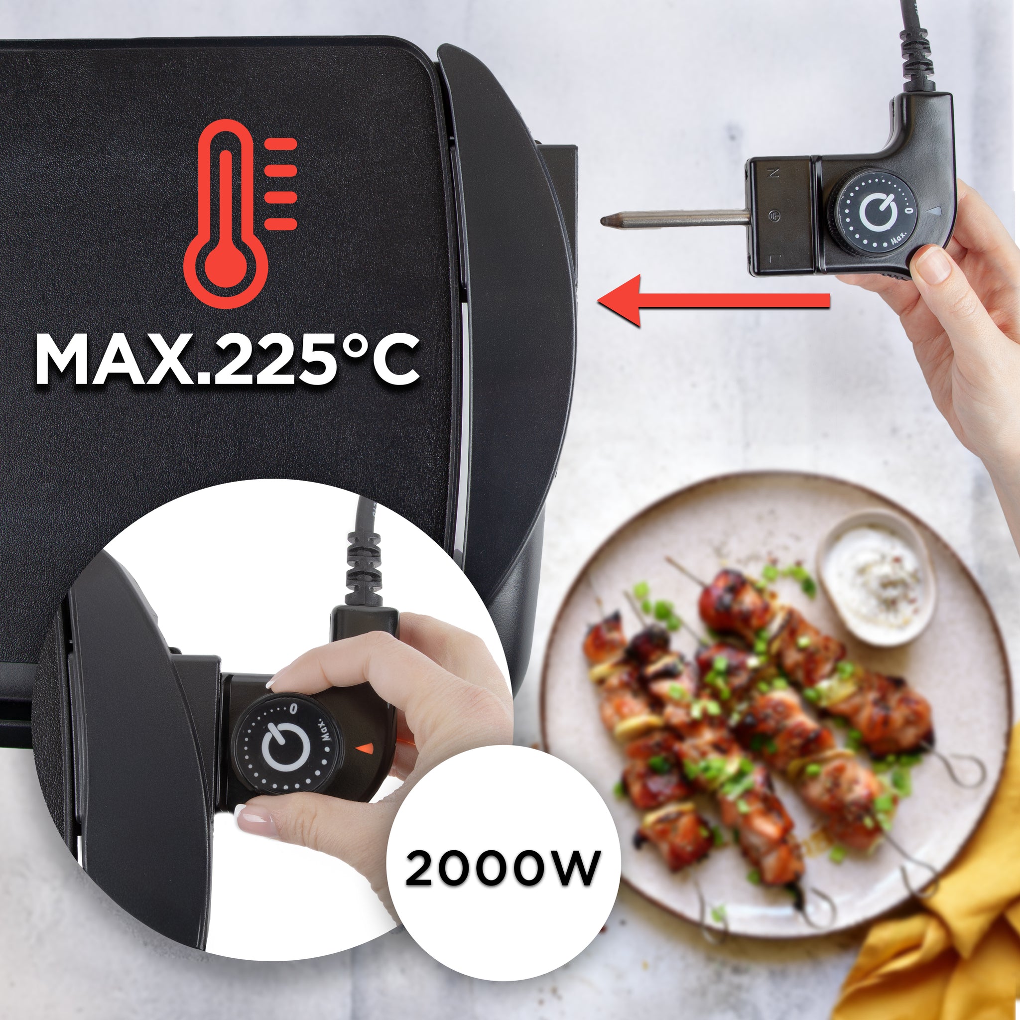 Duronic GP20 Plancha électrique antiadhésive XL 6 à 8 personnes 2000W 52 x 27 cm avec thermostat et bac à jus amovible Cuisson sans ajout de matière grasse idéal pour soirée en famille et amis