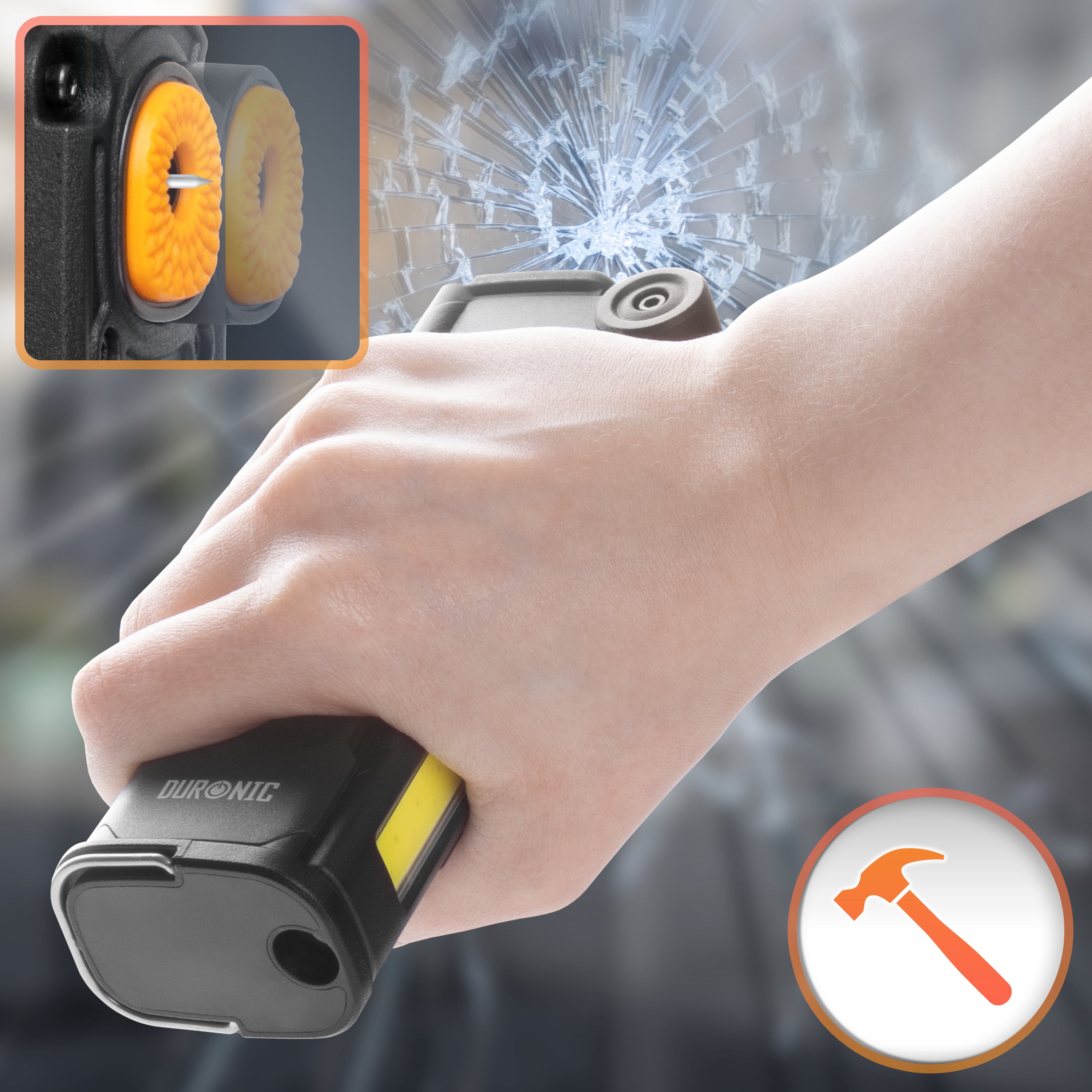 Duronic CT51 Outil d’urgence pour voiture van camion Outil d’évacuation multifonctions Coupe ceinture de sécurité Marteau brise vitre Alarme SOS Lampe torche magnétique Charge USB-C ou solaire
