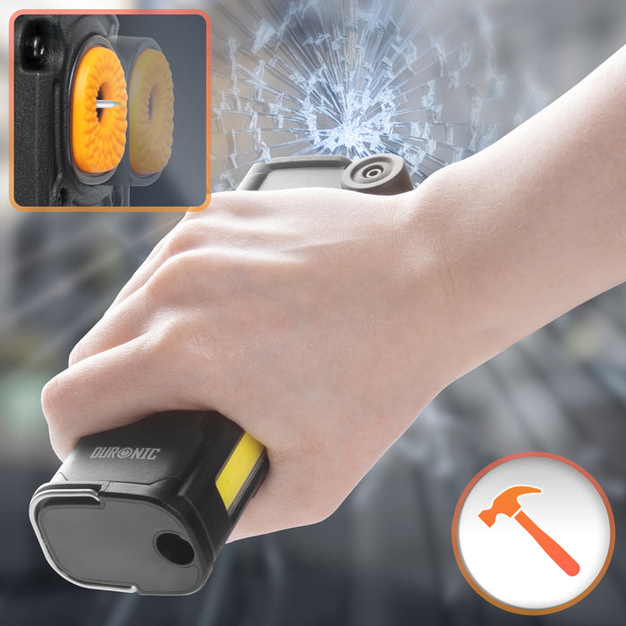 Duronic CT51 Outil d’urgence pour voiture van camion Outil d’évacuation multifonctions Coupe ceinture de sécurité Marteau brise vitre Alarme SOS Lampe torche magnétique Charge USB-C ou solaire