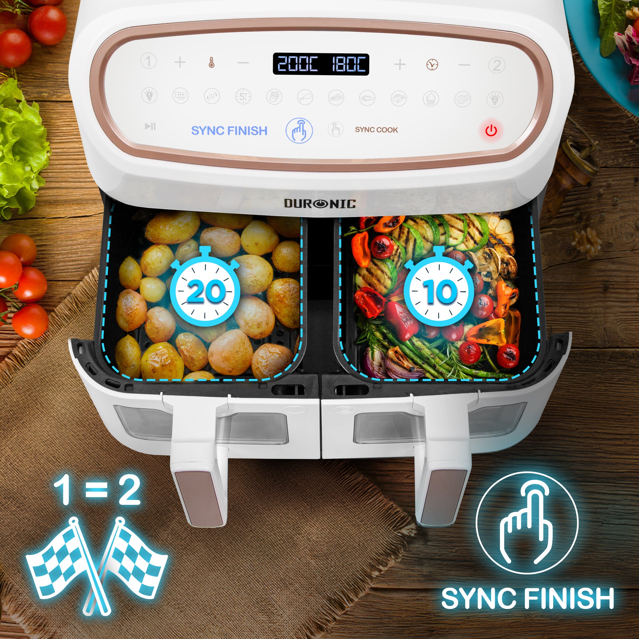 Duronic AF34 WE Set Friteuse à Air avec 1 grand tiroir de 10L et 2 petits tiroirs de 5L inclus 10 Programmes de Cuisson Préréglés Sans huile Fonctions Sync Cook Sync Finish