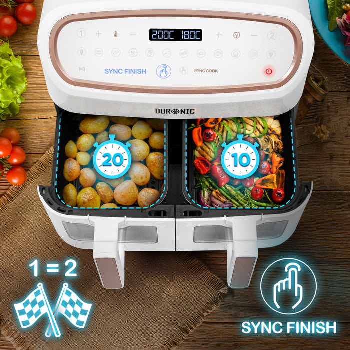Duronic AF34 WE Set Friteuse à Air avec 1 grand tiroir de 10L et 2 petits tiroirs de 5L inclus 10 Programmes de Cuisson Préréglés Sans huile Fonctions Sync Cook Sync Finish