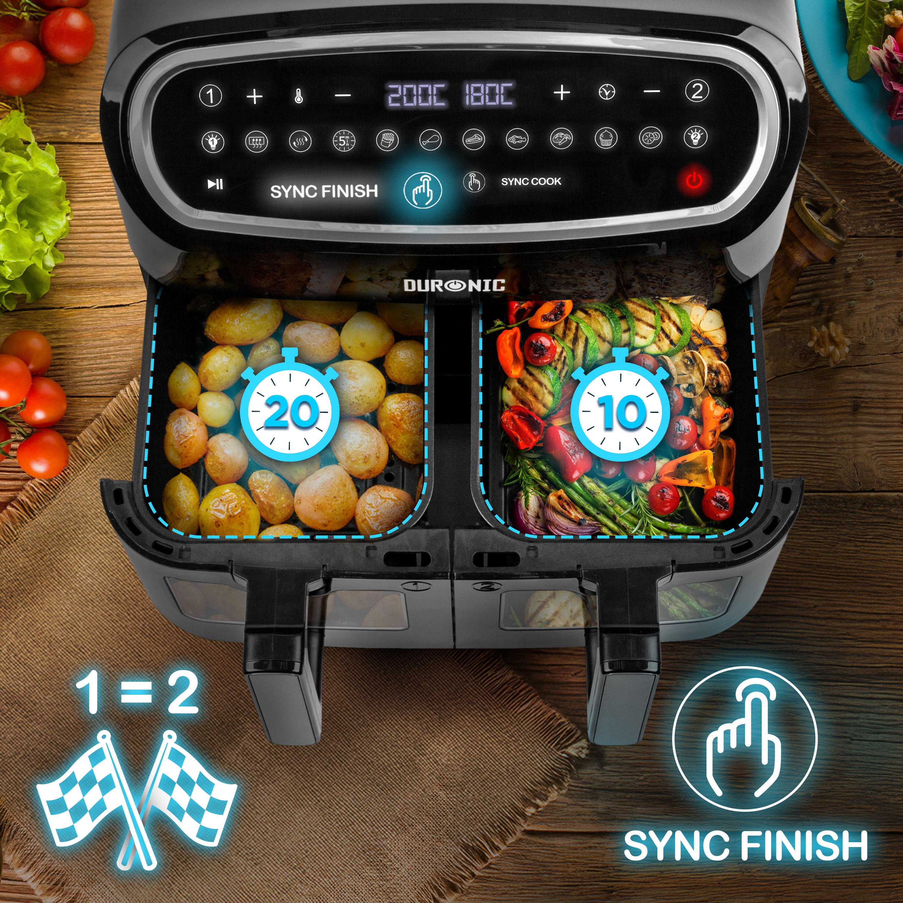 Duronic AF24 Friteuse à air de 2400 W | Deux tiroirs de cuisson de 5 litres chacun | Fonctions Sync Cook et Sync Finish | 10 modes de cuisson préréglés | Sans huile | Commande numérique tactile