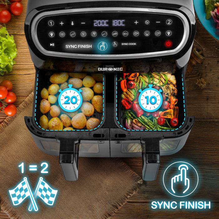 Duronic AF24 Friteuse à air de 2400 W | Deux tiroirs de cuisson de 5 litres chacun | Fonctions Sync Cook et Sync Finish | 10 modes de cuisson préréglés | Sans huile | Commande numérique tactile