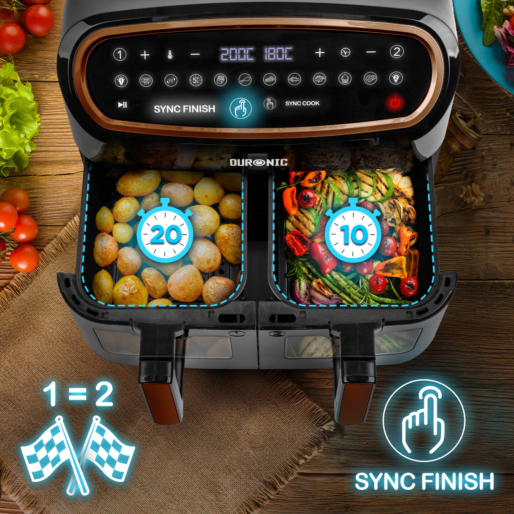 Duronic AF34 BG Set Friteuse à Air avec 1 grand tiroir de 10L et 2 petits tiroirs de 5L inclus | 10 Programmes de Cuisson Préréglés | Sans huile | Fonctions Sync Cook Sync Finish