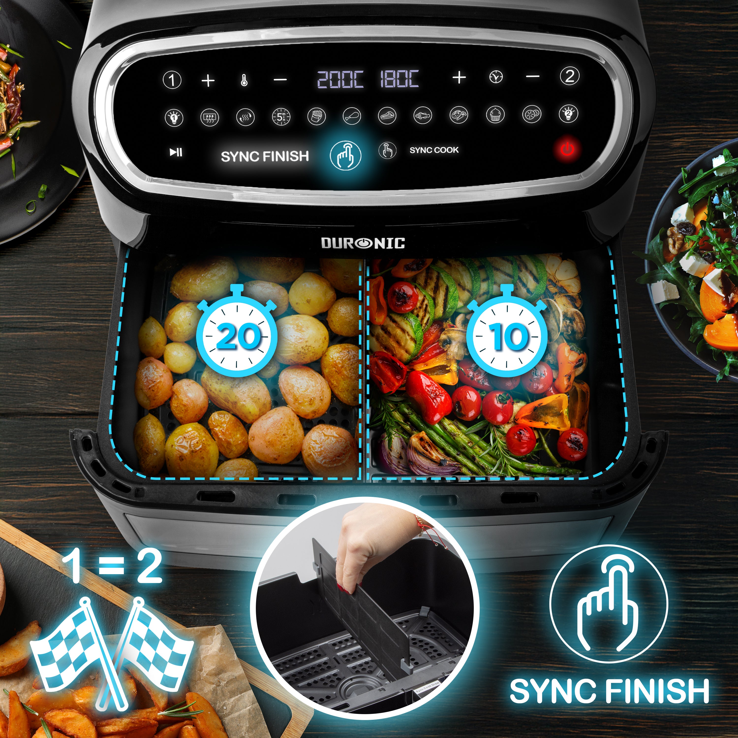 Duronic AF14 BK Friteuse à Air avec 1 grand tiroir de 10L inclus Air fryer avec 10 Programmes de Cuisson Préréglés Sans huile Gâteaux Poulet Rôtir Frites Déshydrater Réchauffer
