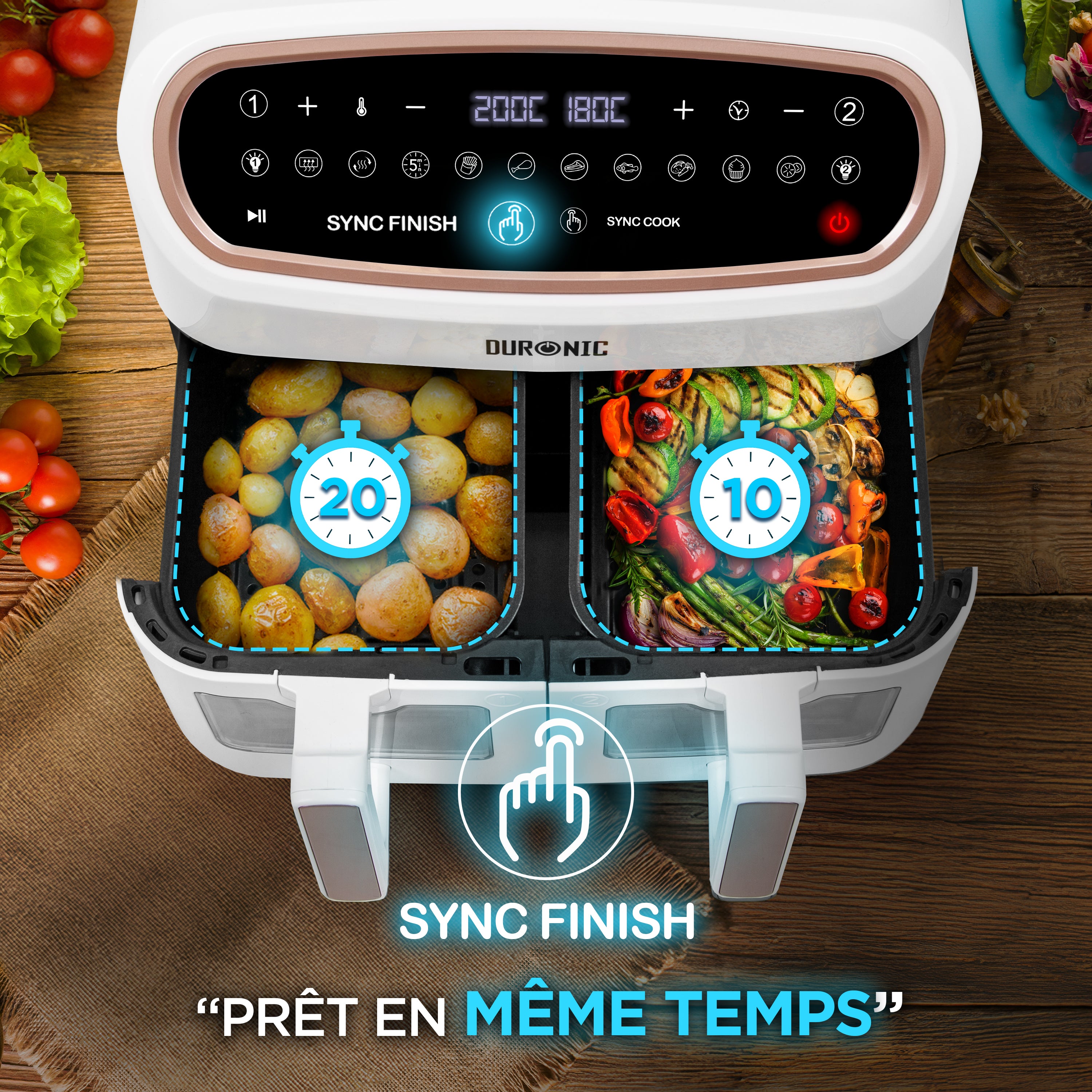 Duronic AF34 WG Set Friteuse à Air avec 1 grand tiroir de 10L et 2 petits tiroirs de 5L inclus | 10 Programmes de Cuisson Préréglés | Sans huile | Fonctions Sync Cook Sync Finish