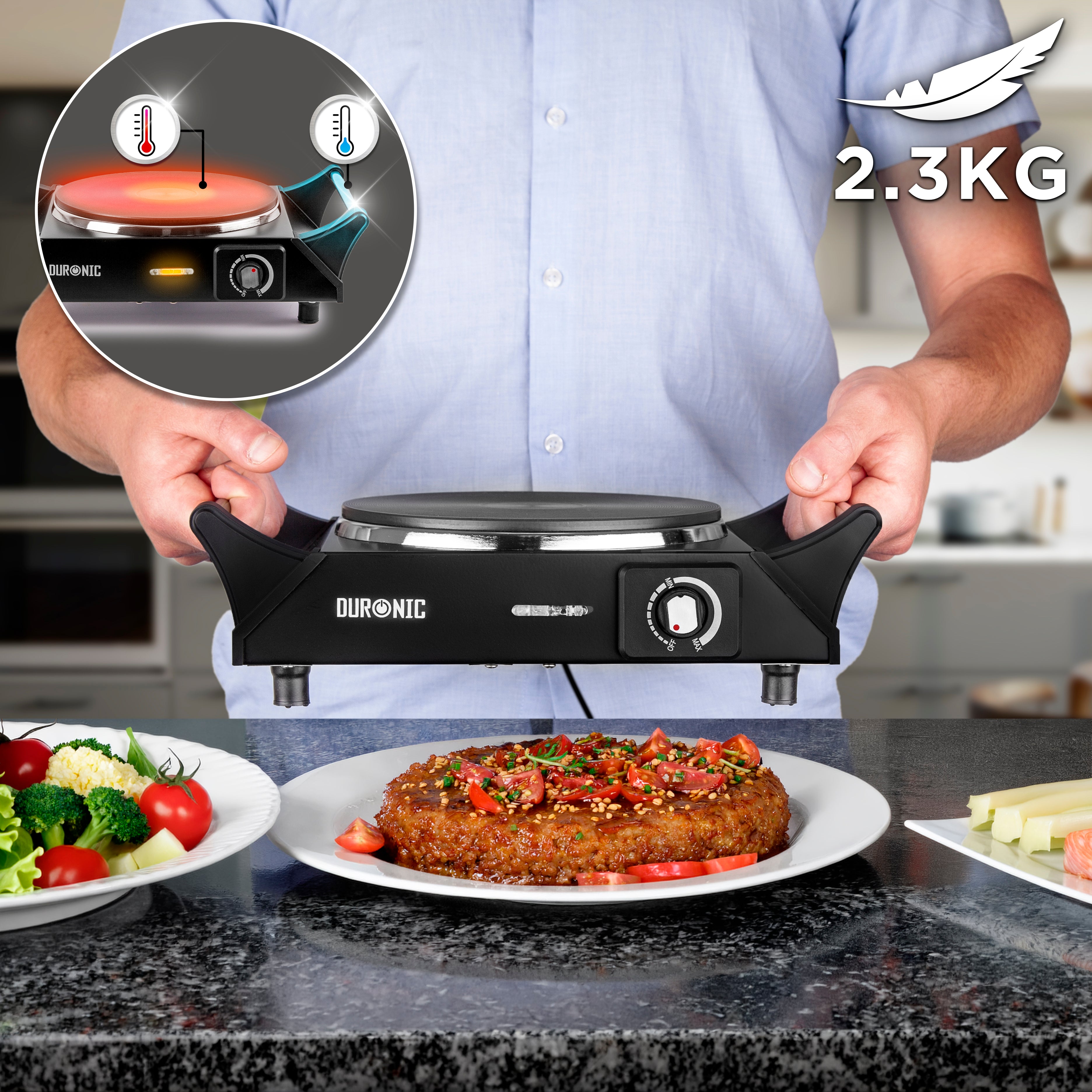Duronic HP1 BK Plaque de cuisson chauffante électrique avec foyer en fonte de 20 cm | 1500W | Compacte et mobile | Poignées ergonomiques | Thermostat | Cuisinière pour camping, camping-car, caravane