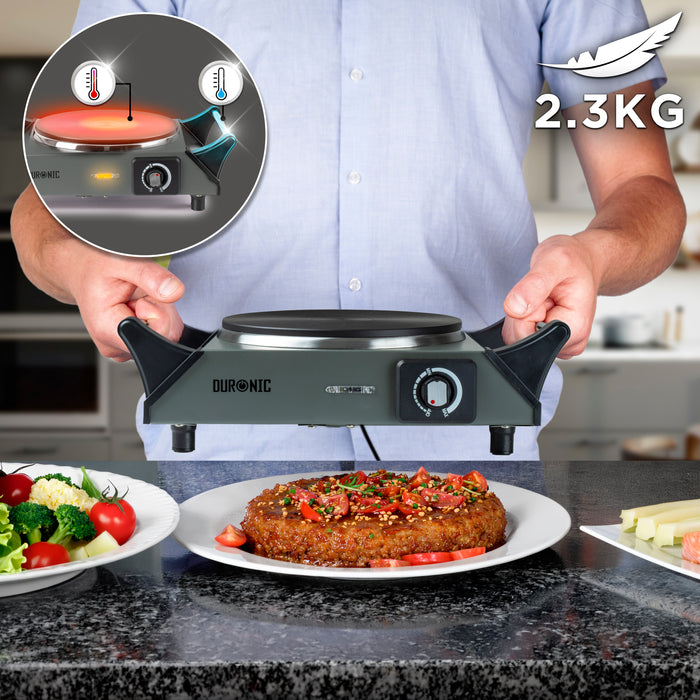 Duronic HP1 GG Plaque de cuisson électrique 1500W avec 1 foyer 20 cm Foyer en fonte Réchaud avec thermostat réglable Poignées ergonomiques Pieds antidérapants Idéal pour camping