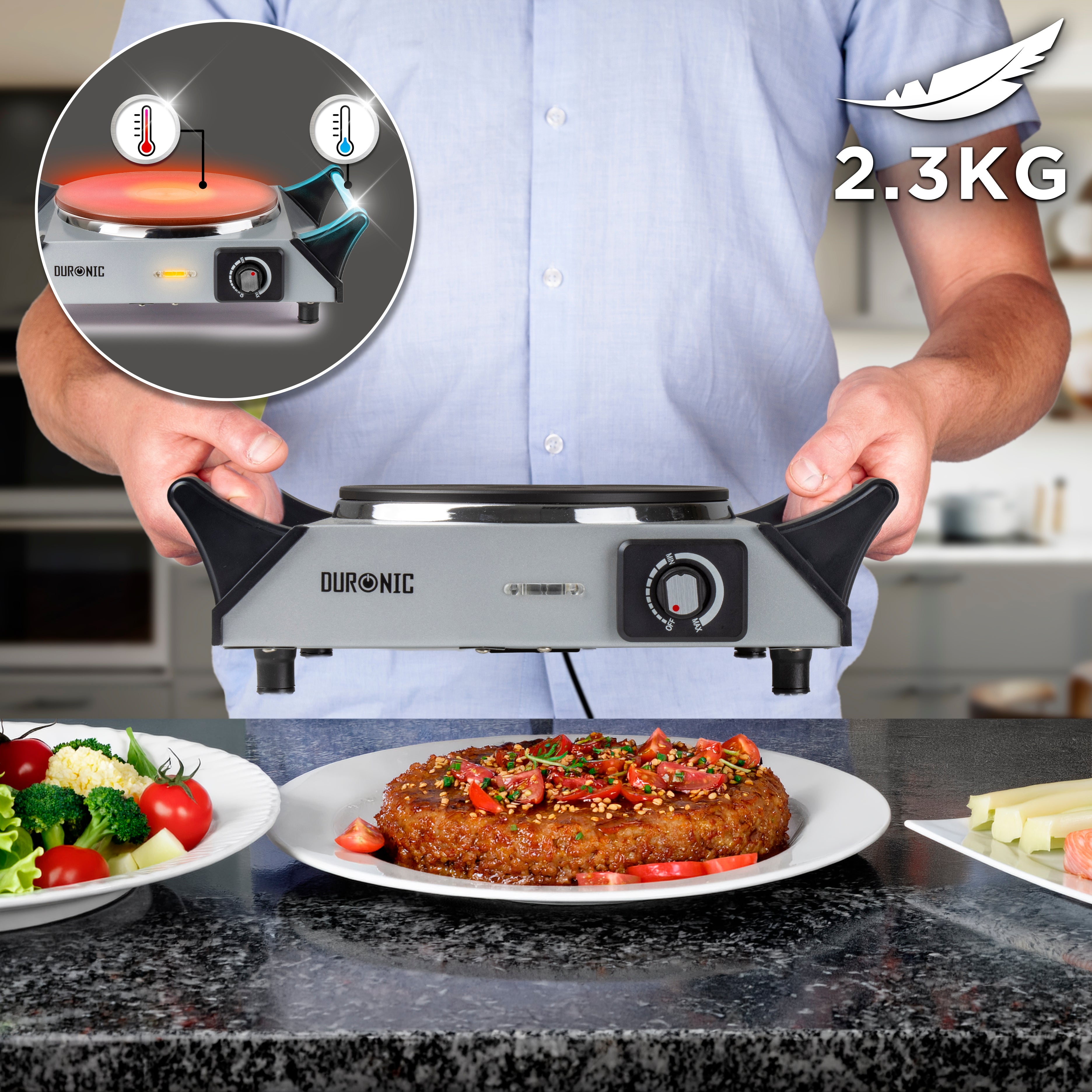 Duronic HP1 SS Plaque de cuisson chauffante électrique avec foyer en fonte de 20 cm | 1500W | Compacte et mobile | Poignées ergonomiques | Thermostat | Cuisinière pour camping, camping-car, caravane
