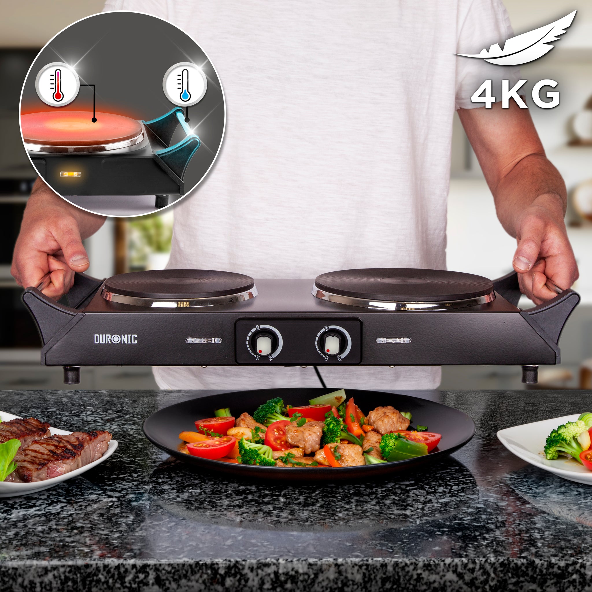 Duronic HP2 BK Plaque de cuisson chauffante électrique avec double foyer en fonte de 20 et 15 cm| 2500W | Compacte et mobile | Poignées ergonomiques | Thermostat | Camping, Camping-car, caravane