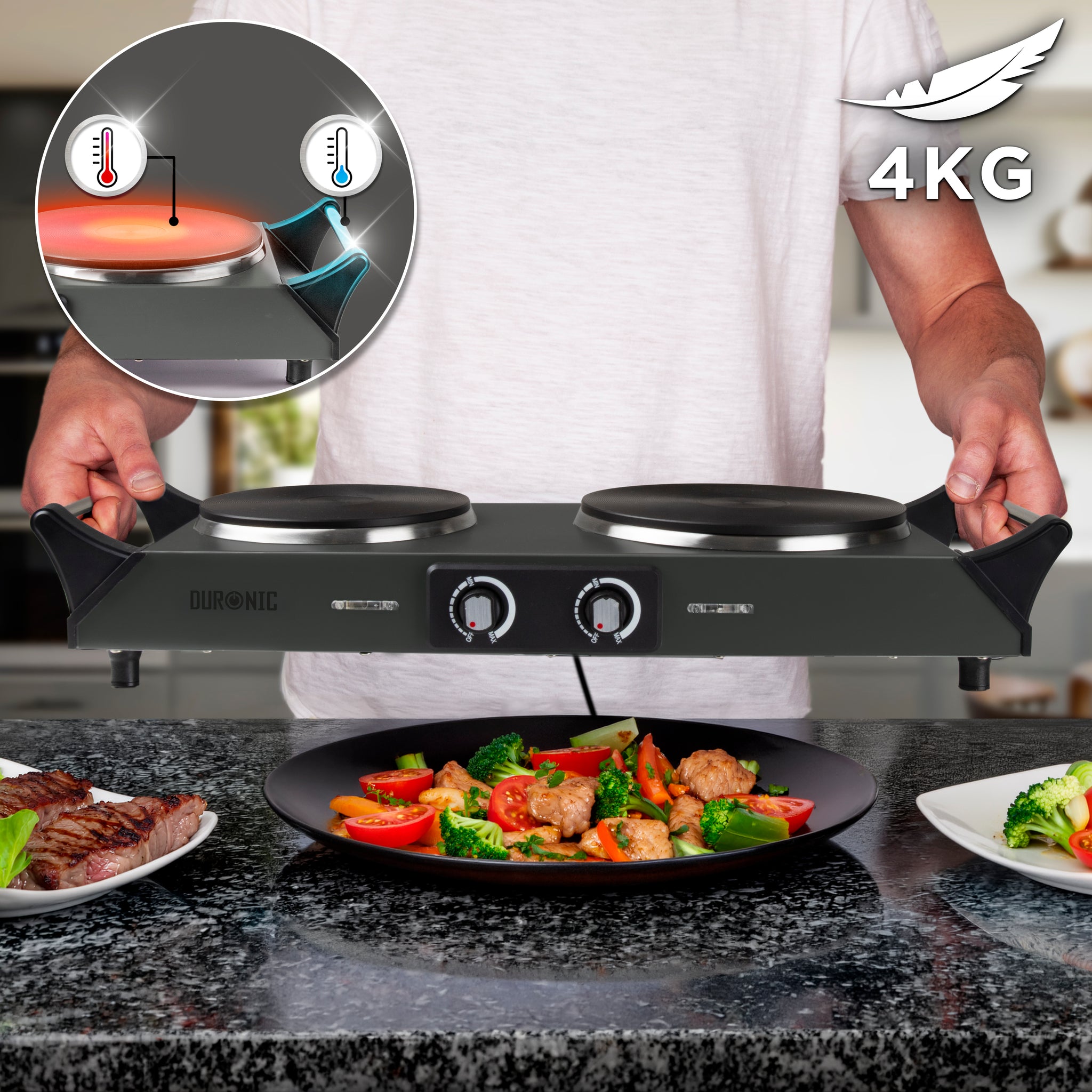 Duronic HP2 GG Plaque de cuisson électrique 2500W avec 2 foyers 20 et 15 cm Foyers en fonte 20 et 15 cm Réchaud avec thermostat réglable Poignées ergonomiques Pieds antidérapants Idéal pour camping