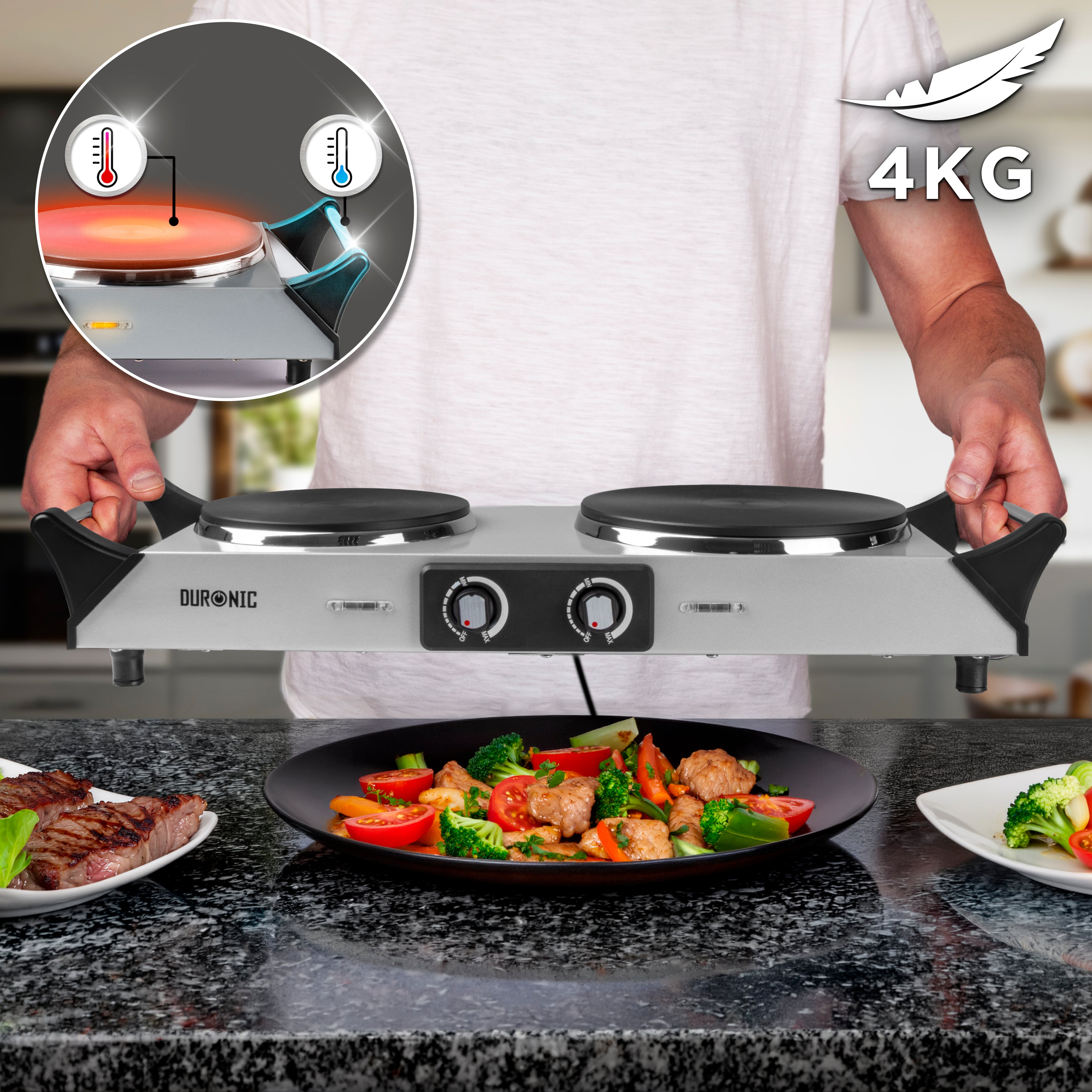 Duronic HP2 SS Plaque de cuisson chauffante électrique avec double foyer en fonte de 20 et 15 cm| 2500W | Compacte et mobile | Poignées ergonomiques | Thermostat | Camping, Camping-car, caravane