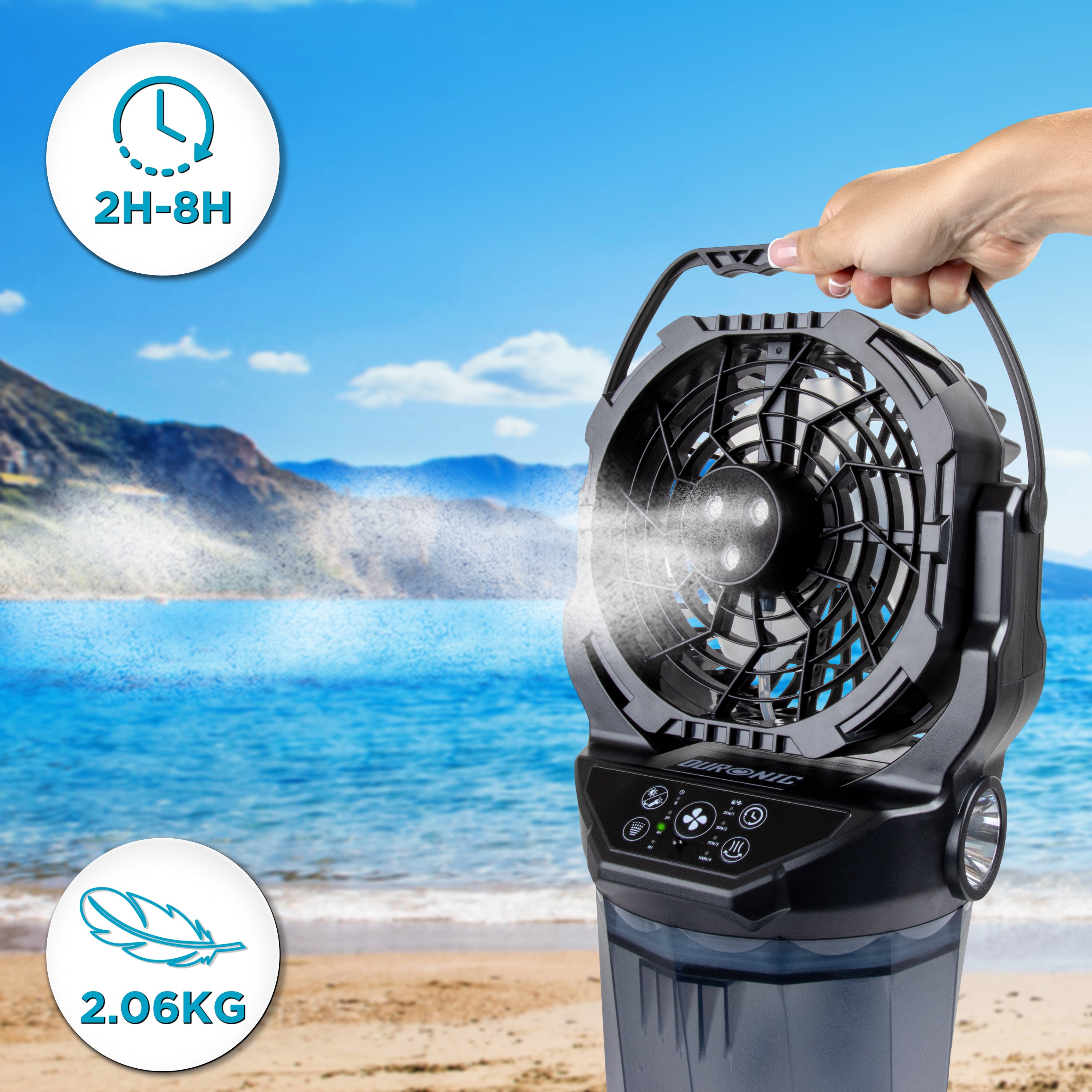 Duronic FM6 BK Ventilateur de brume rechargeable Réservoir d’eau 2 litres 4 vitesse Télécommande incluse Lumières LED Lampe torche d’urgence Ventilateur portable extérieur camping pique-nique