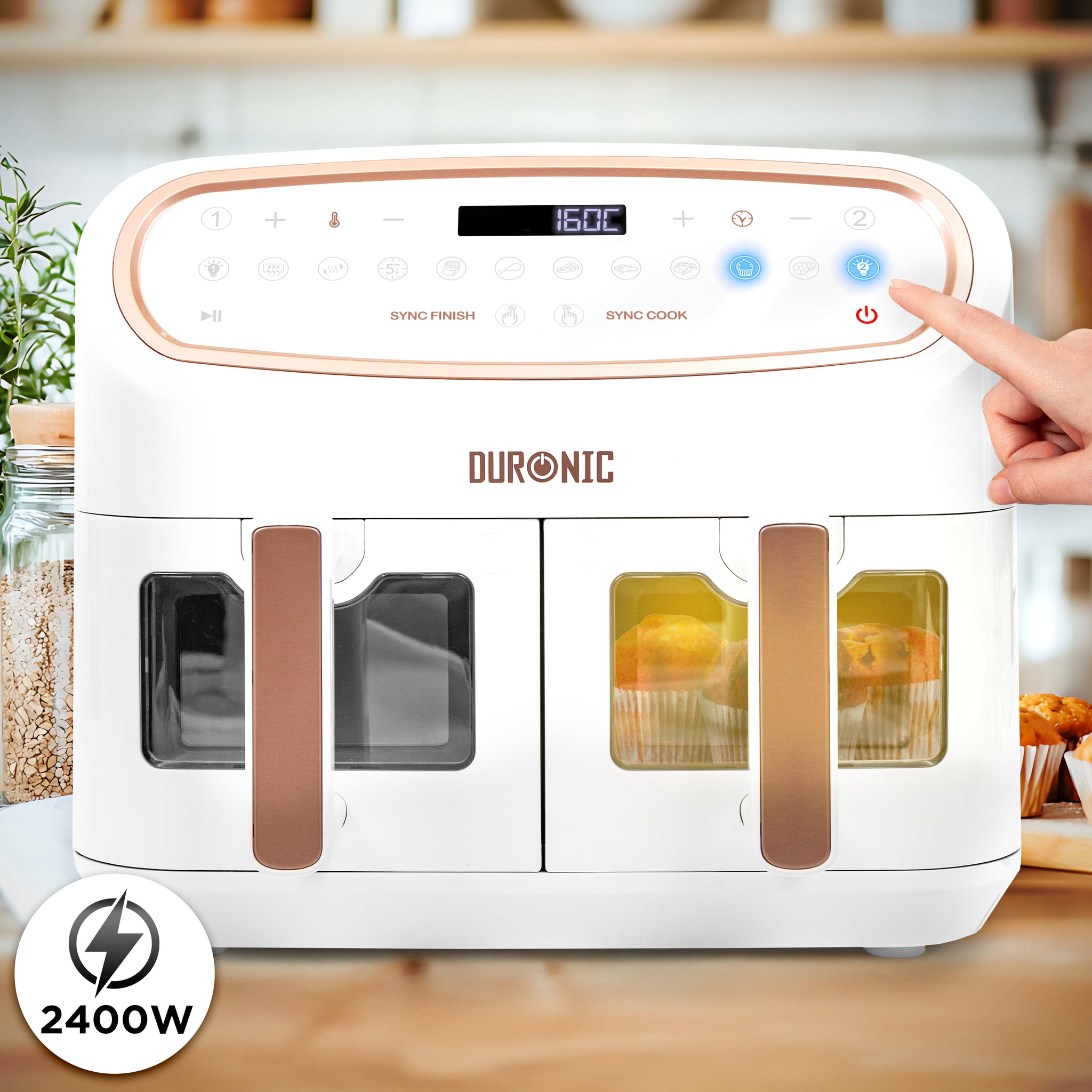 Duronic AF34 WE Set Friteuse à Air avec 1 grand tiroir de 10L et 2 petits tiroirs de 5L inclus 10 Programmes de Cuisson Préréglés Sans huile Fonctions Sync Cook Sync Finish
